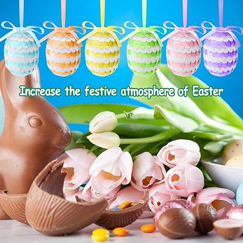 Miniatura 5 de 30 huevos de lentejuelas colgantes de Pascua, adornos de huevos de Pascua de 1.6 pulgadas con lazo, decoraciones de Pascua con purpurina, huevos de