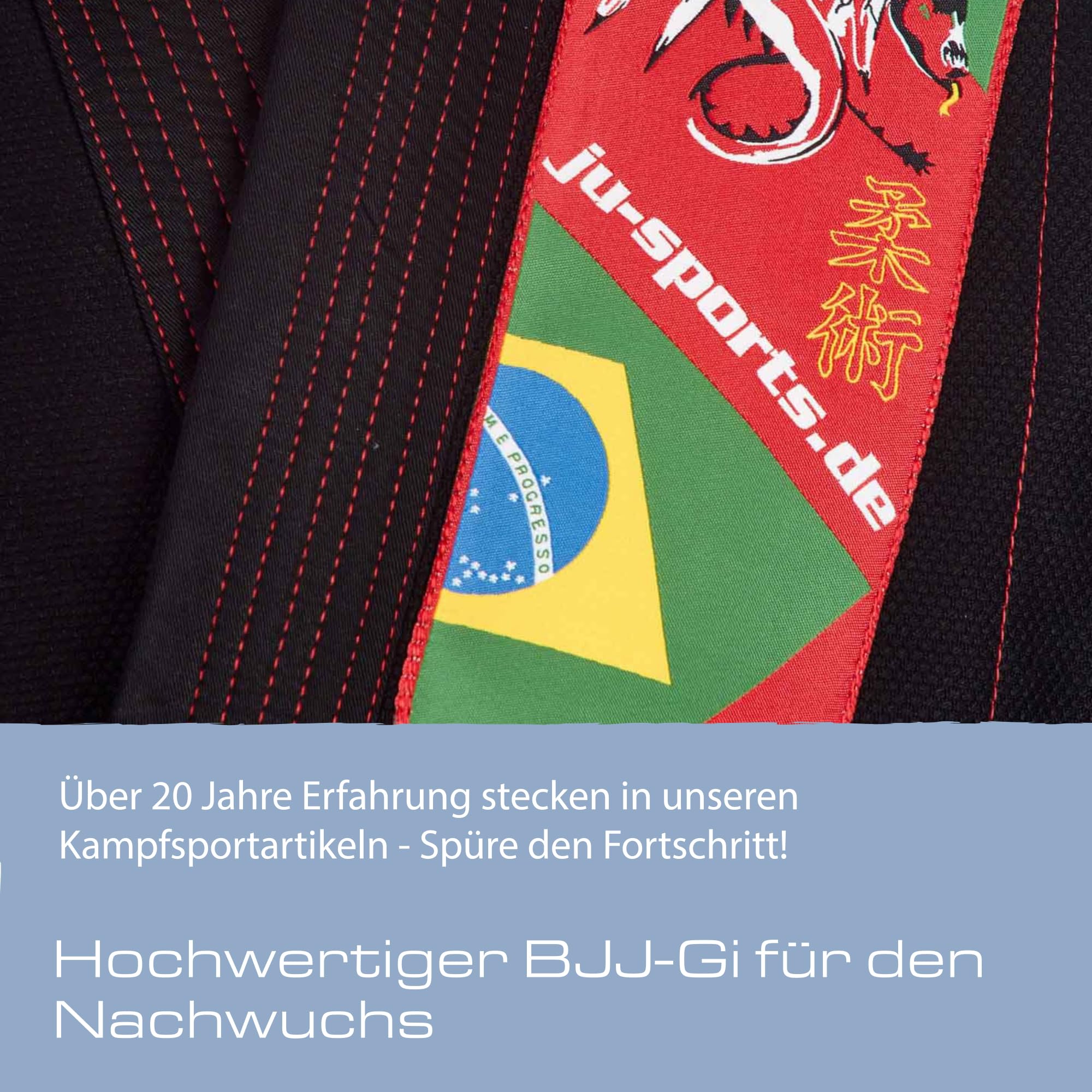 Ju-Sports BJJ Gi Kids schwarz - Leichter, schlanker Brazilian Jujutsu Anzug speziell für Kinder, BJJ Gi im bunten Design inkl. weißem Gurt, 100% Baumwolle