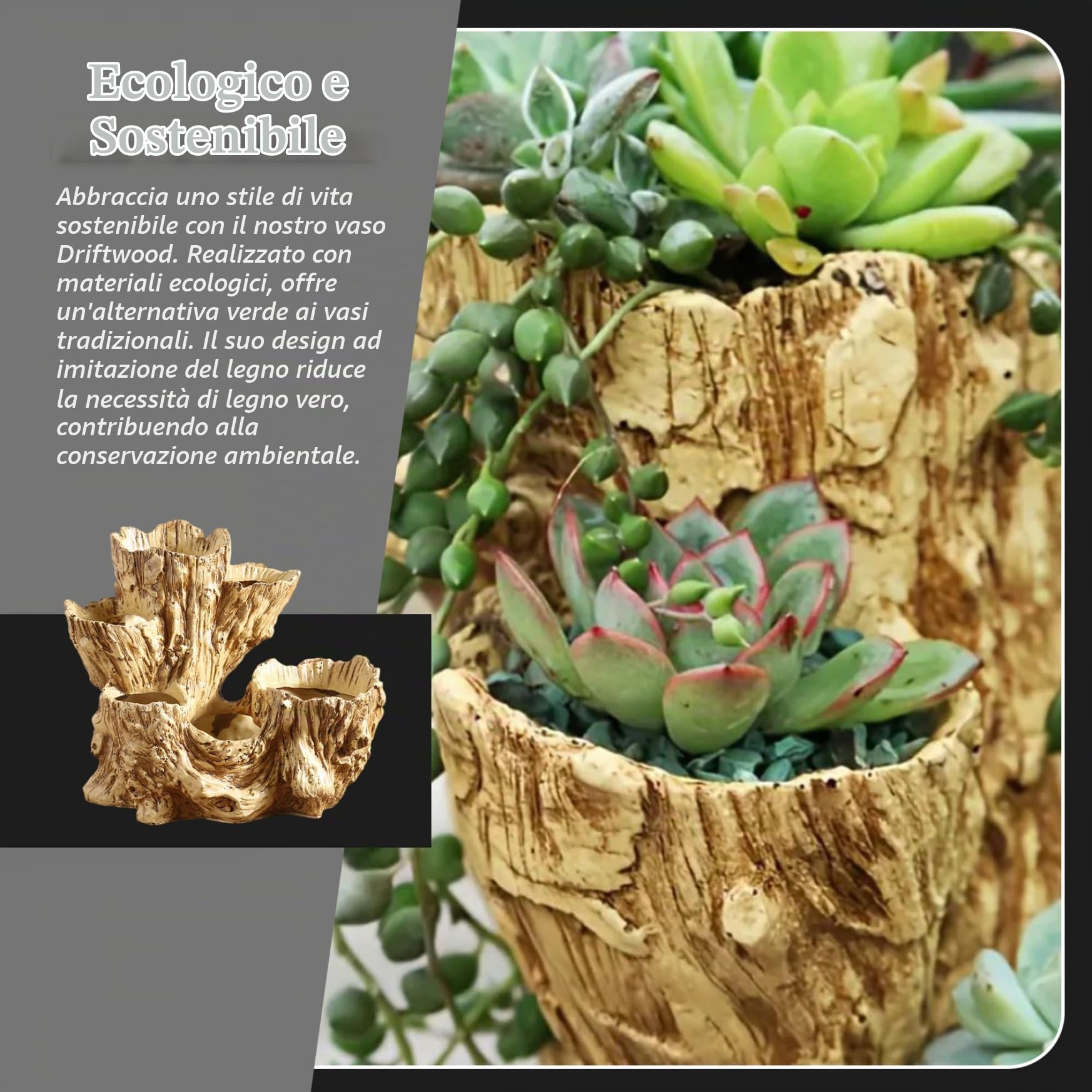 Fioriera in legni, vaso per tronchi d'albero in resina con fori di drenaggio, fioriera rustica per interni ed esterni per piante grasse, cactus, piccole piante, decorazioni per la casa, uso domestico