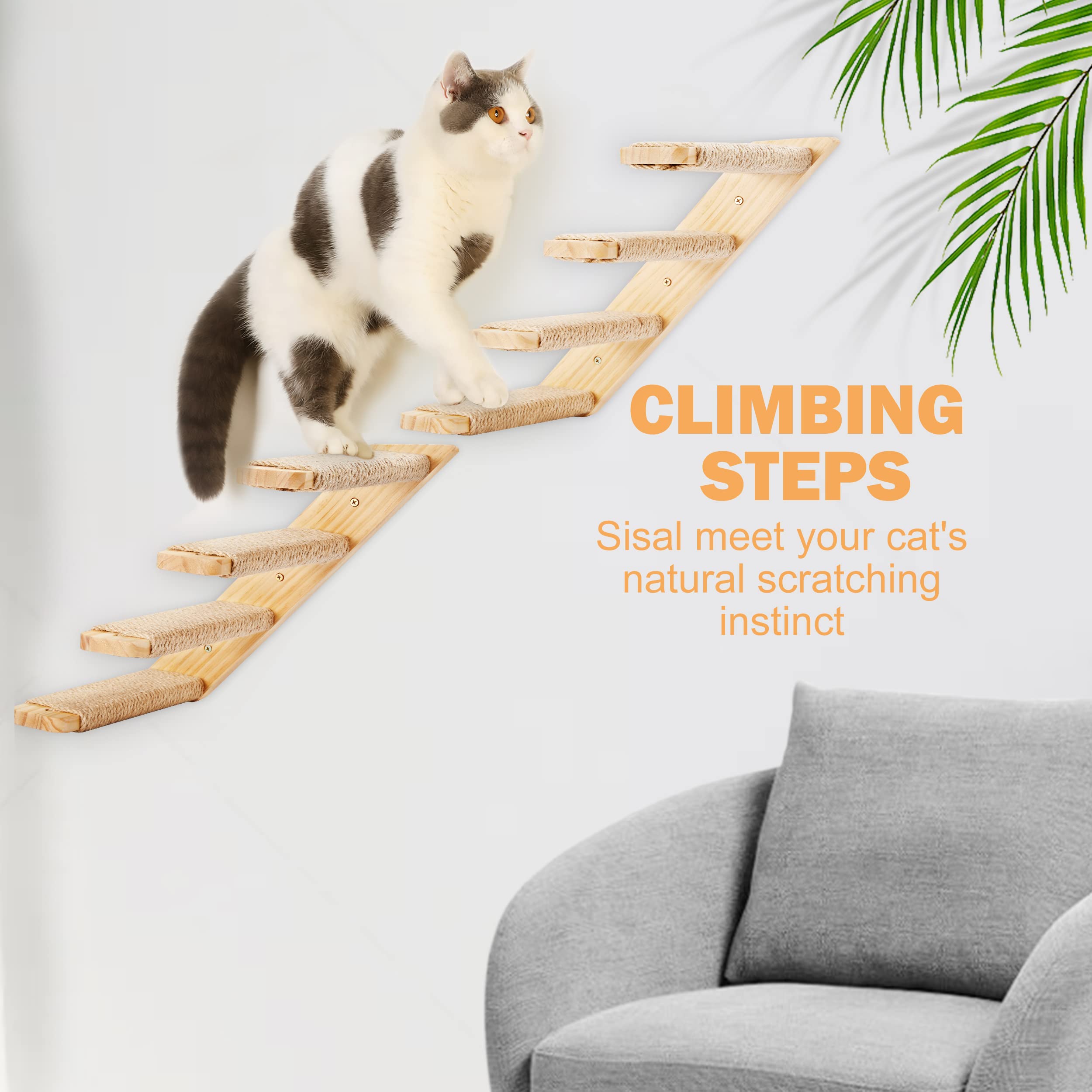 1PC Wall Mounted Cat Climbing Shelf, Wooden Four Steps Cat Stairway Reversible Left & Right Direction with Sisal Rope - Image 3