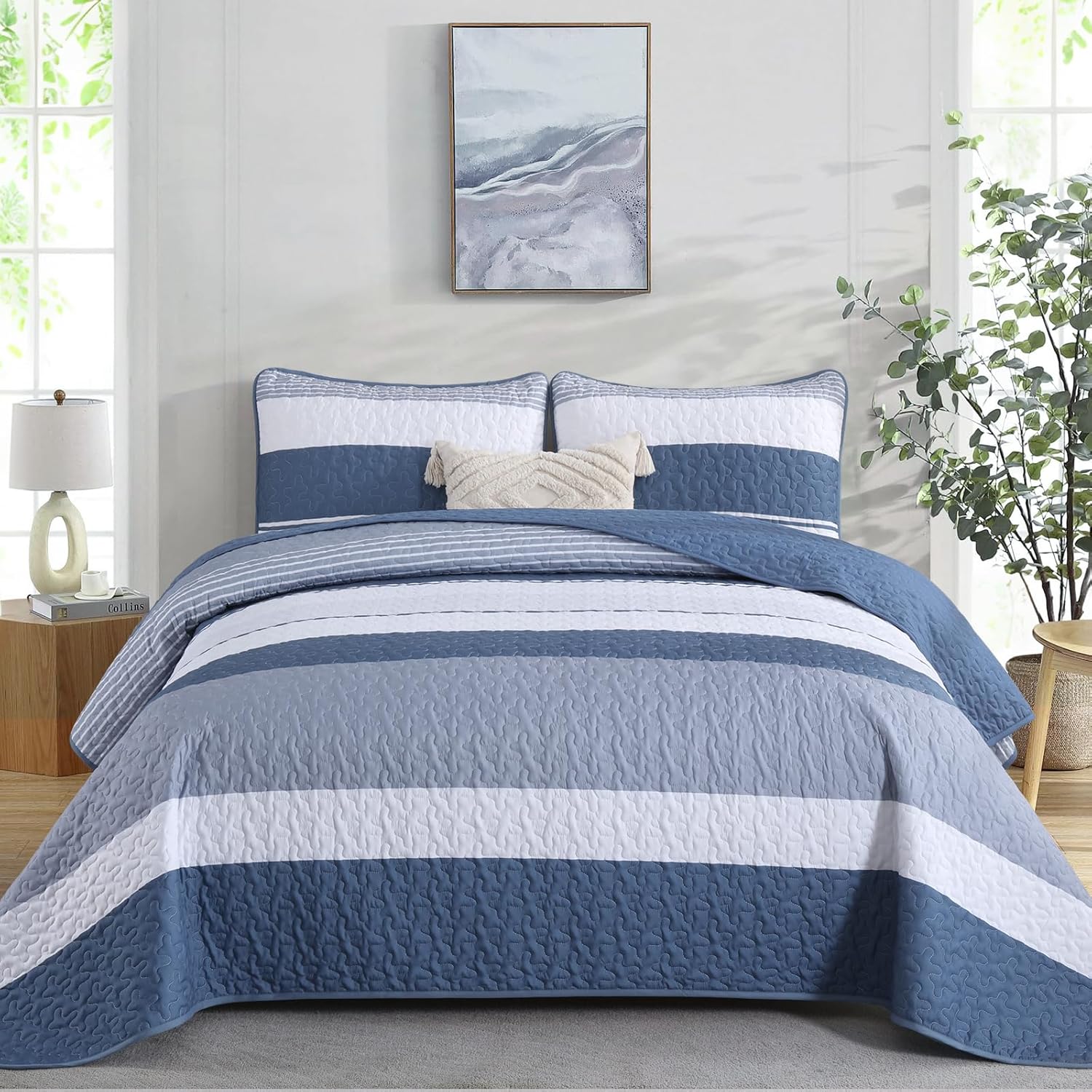 Dinjoy King Size Quilt Set Mineral Blue, 3 Pieces Boho Patchwork Striped Quilted Bedding Sets Soft Lightweight Bedspreads & Coverlets Set, for All Seasons 110"x90"