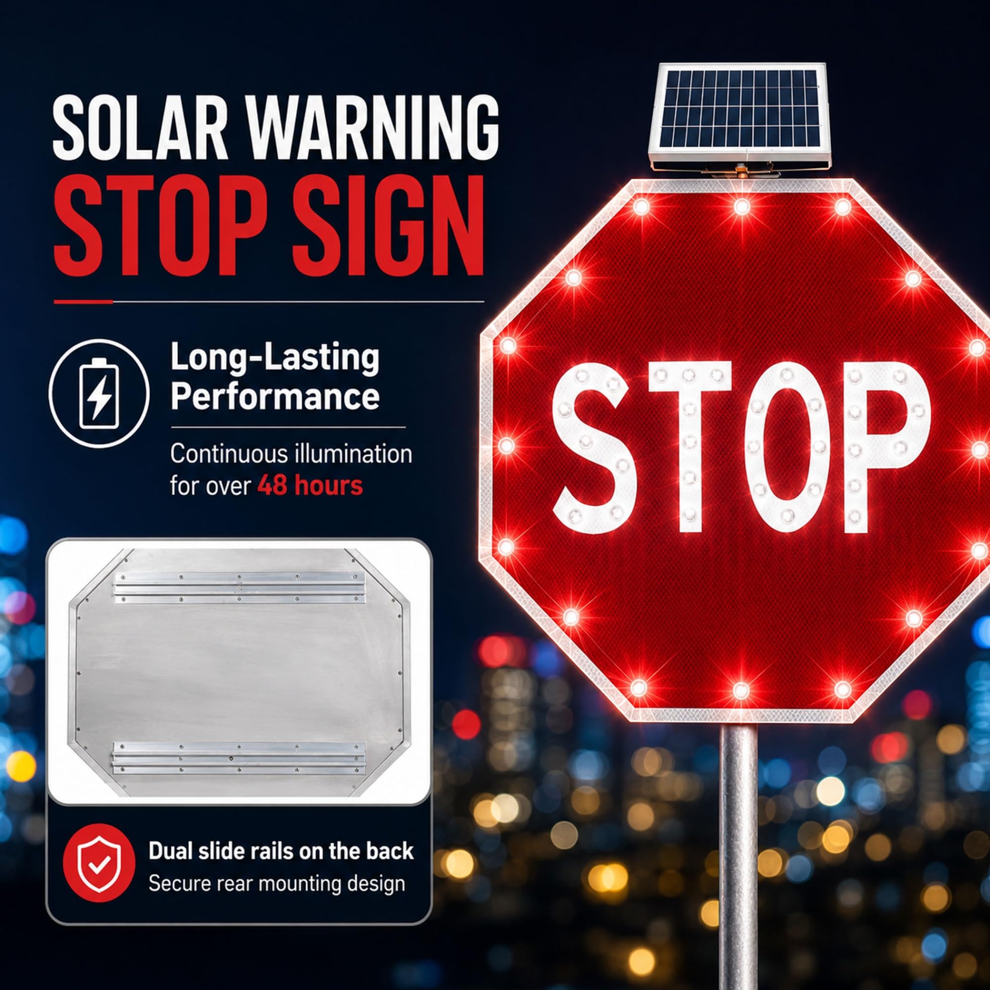 Señal Octogonal Intermitente con LED Solar, 76x76 cm Aluminio Resistente a la Oxidación, IP65 Impermeable para Pasos de Peatones y Entradas de Vehículos