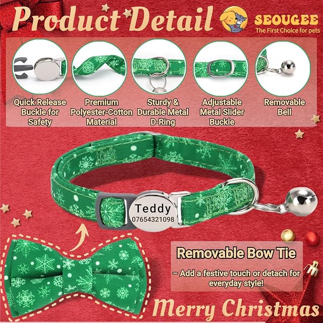 Foto 2 de 6 de SEOUGEE Collar de gato de Navidad personalizado con pajarita y campana