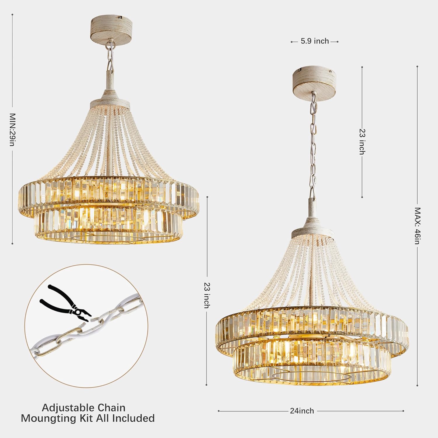 24" modern crystal caged fandelier, smart chandelier fan with remote and app control, double layer ceiling fan with light for dining living room bedroom, italian design-white gold