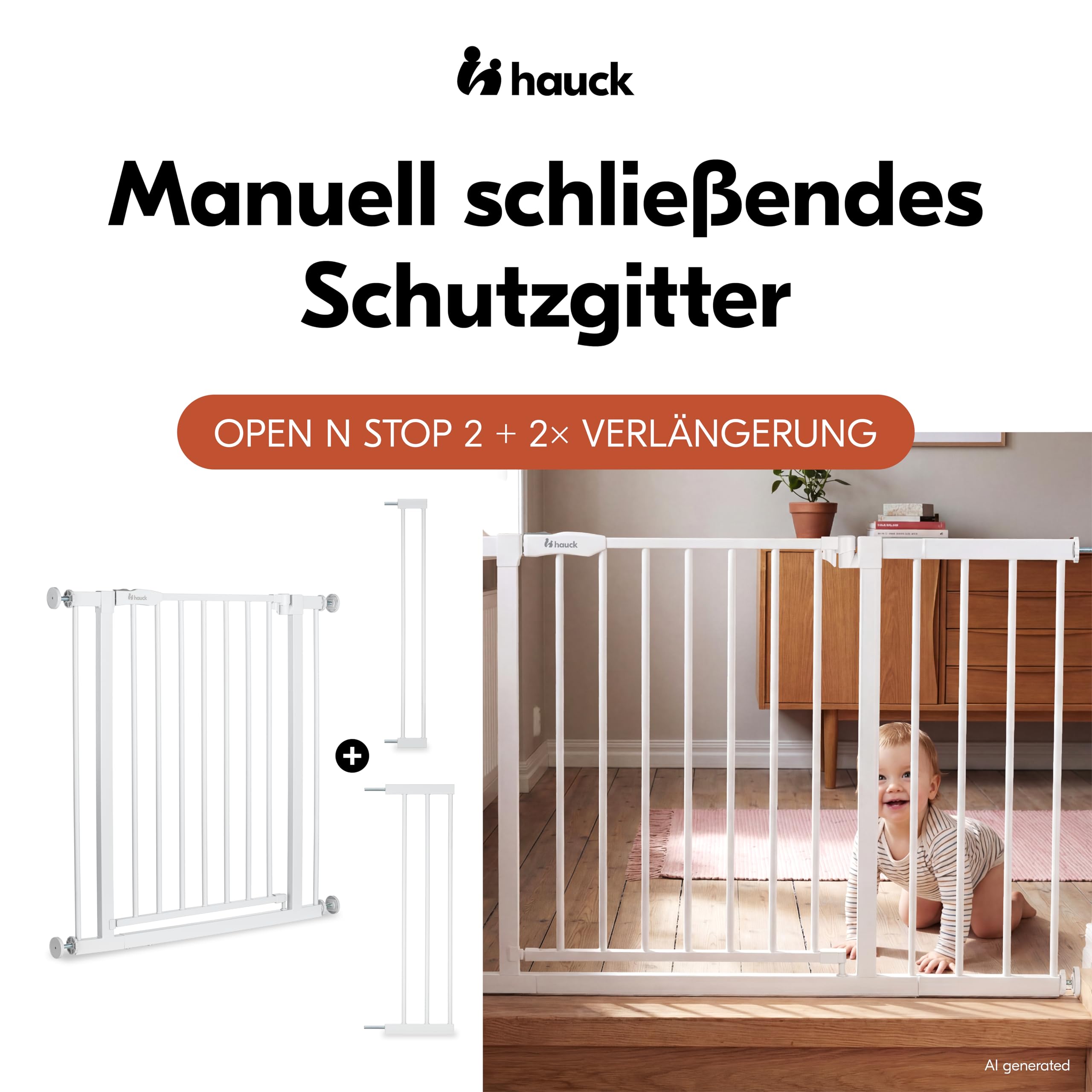 hauck Open N Stop 2 + 1x9 cm +1x21cm Verlängerung, Weiß - Kinderschutzgitter Hundegitter, Verstellbare Breite 105-110 cm, 77 cm Hoch, Einhand Öffnung, ohne Bohren, für Innen