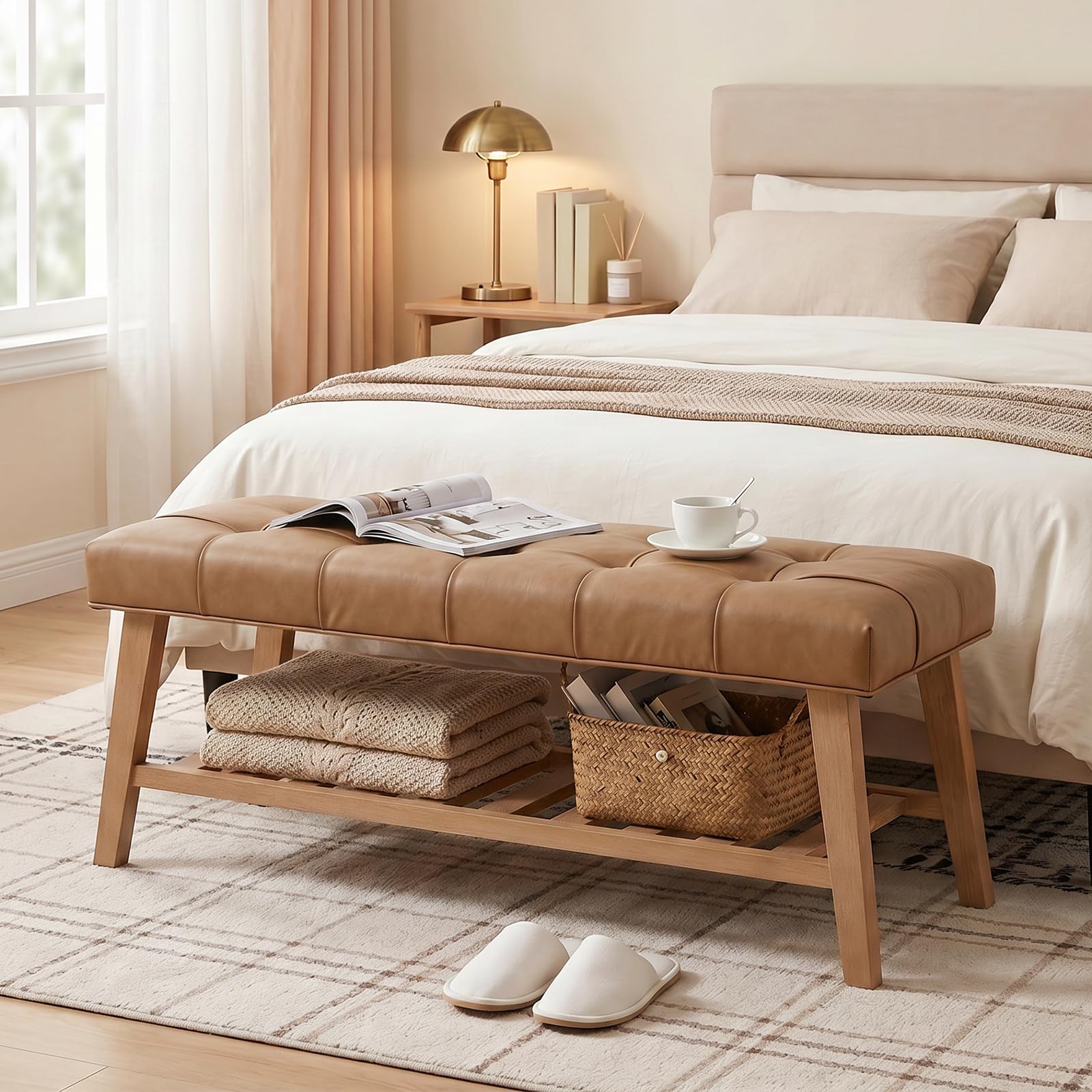 Wooden End of Bed Bench Entryway Bench with Storage, Brown