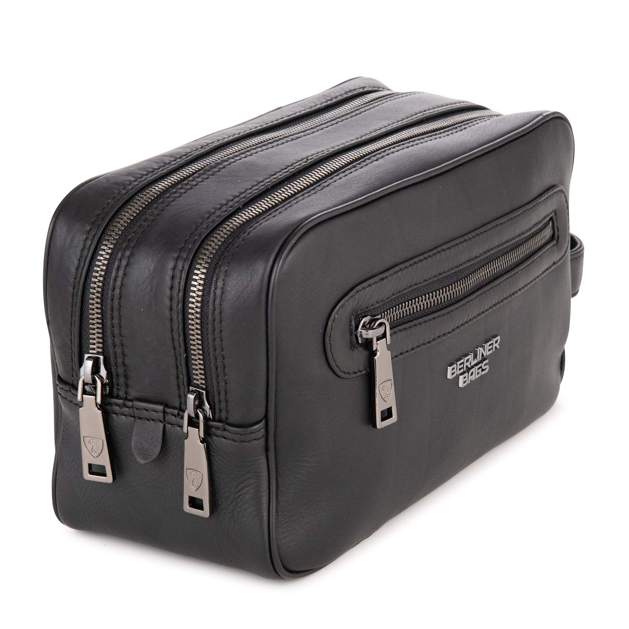Berliner Bags MAX Neceser de Piel Auténtica con Dos Compartimentos, Bolso de Aseo Grande para Hombre y Mujer, Ideal para Viajes, con Cremallera YKK y Forro Impermeable – Negro