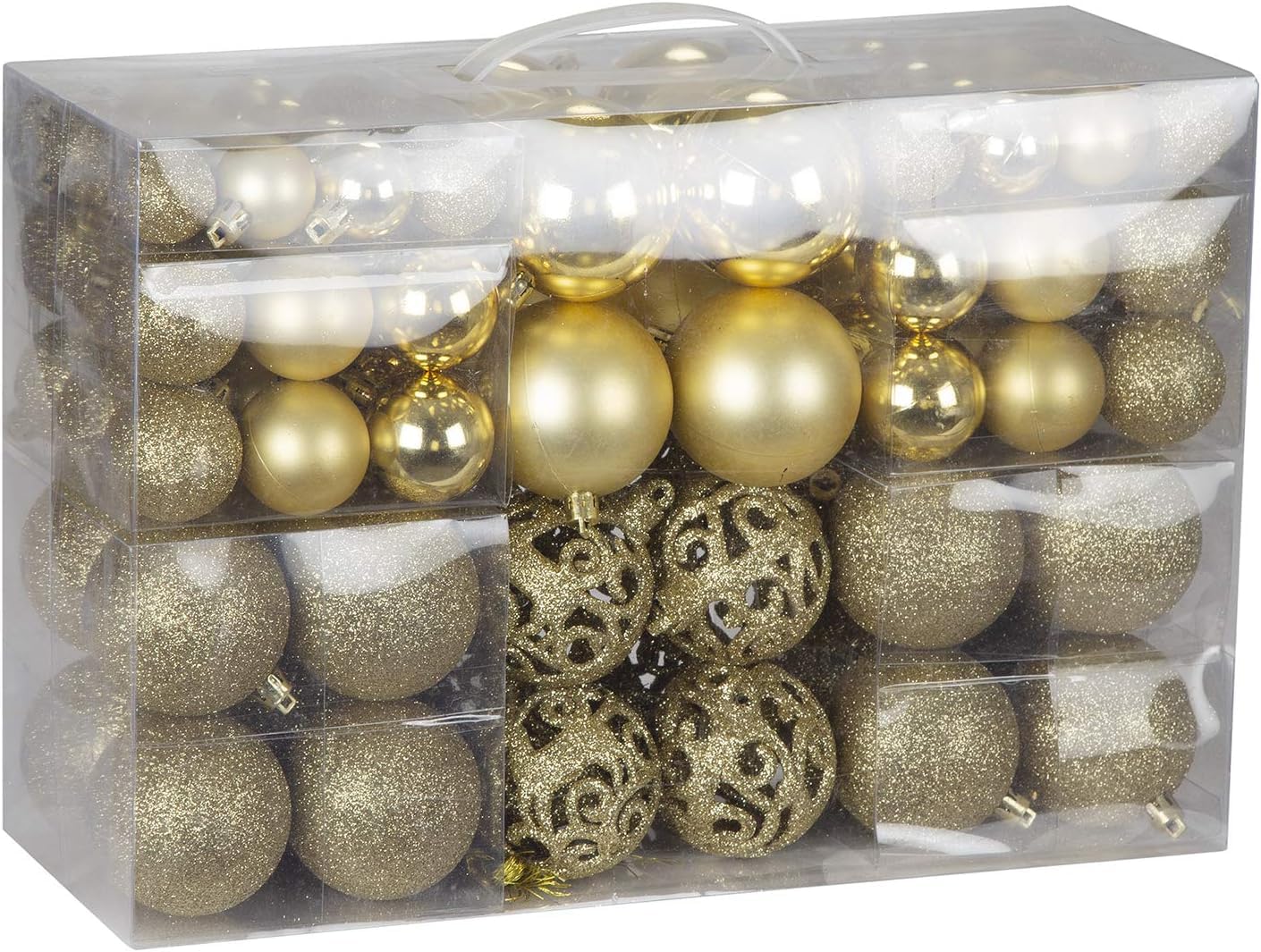 SpirWoRchlan 100 Pieces Shatterproof Baubles Set. Christmas Tree Decorations Ornament Balls With Hooks & String Hanging. Home Decor 3,4 & 6 CM Baubles-Matt, Shiny & Glitter Finish Gold