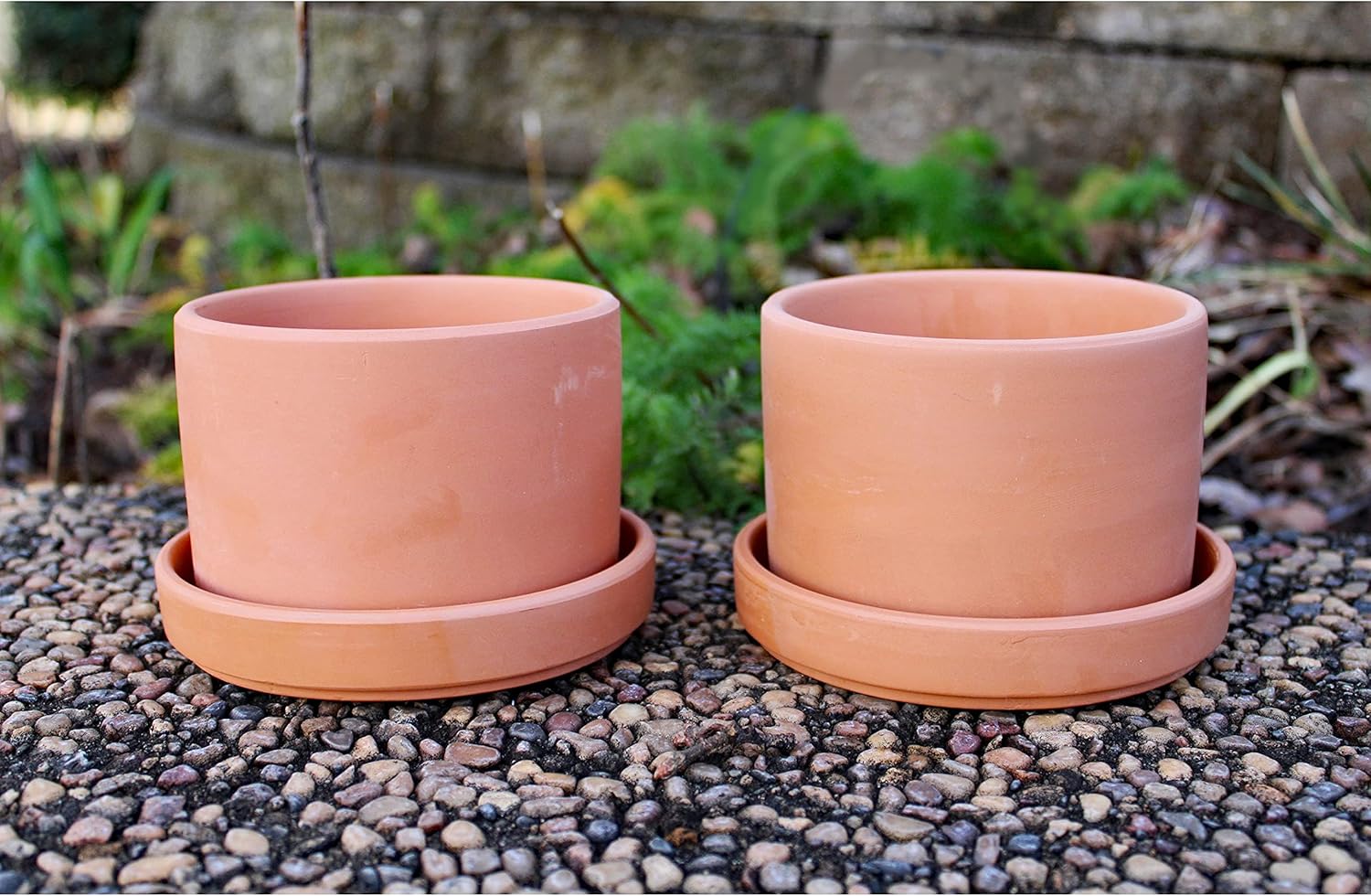 Fat Walled Terracotta Planter with Drainage Hole and Saucer Cylindrical Plants Flower Containers Unglazed Clay Pots - Set of 2