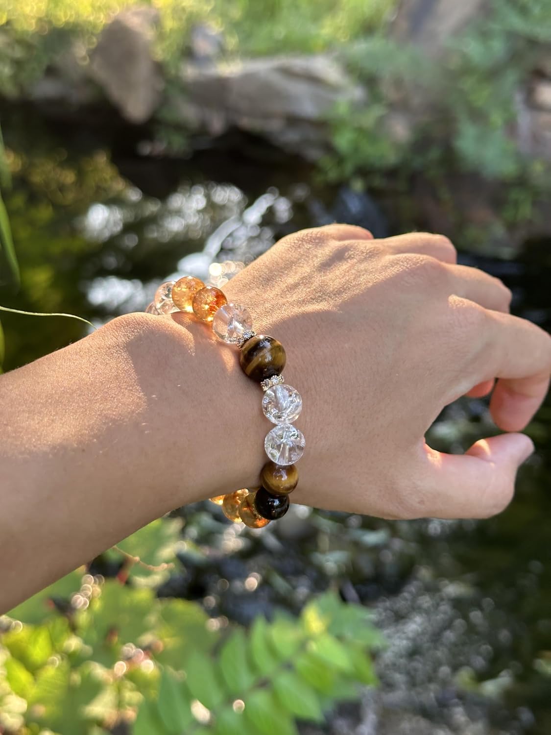 Natural Tiger Eye Citrine Azeztulite Clear Crystal Beads Bracelet, Healing Crystals Jewelry Handmade Stretch Adjustable Bangle, Gift for Him Her - Image 4