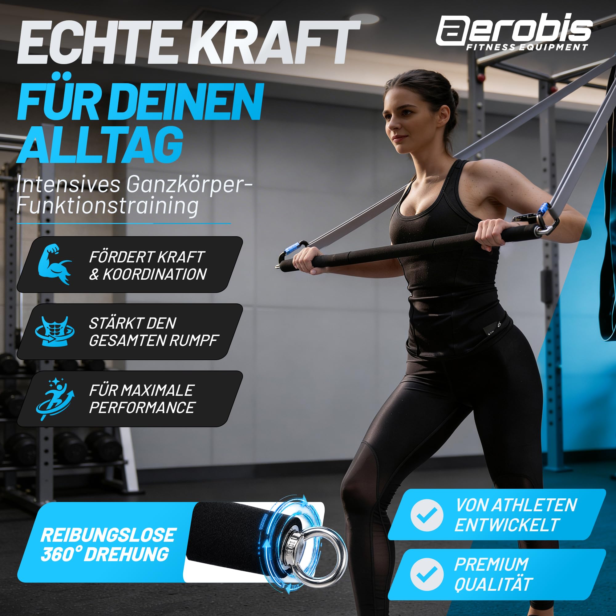 aerobis Rowstick – Verstellbarer Fitnessstab für funktionales Ganzkörpertraining – 2-in-1 Design – Ideal für Widerstandsbänder & Sling Trainer – Core-Stick für Kraft, Ausdauer & Koordination