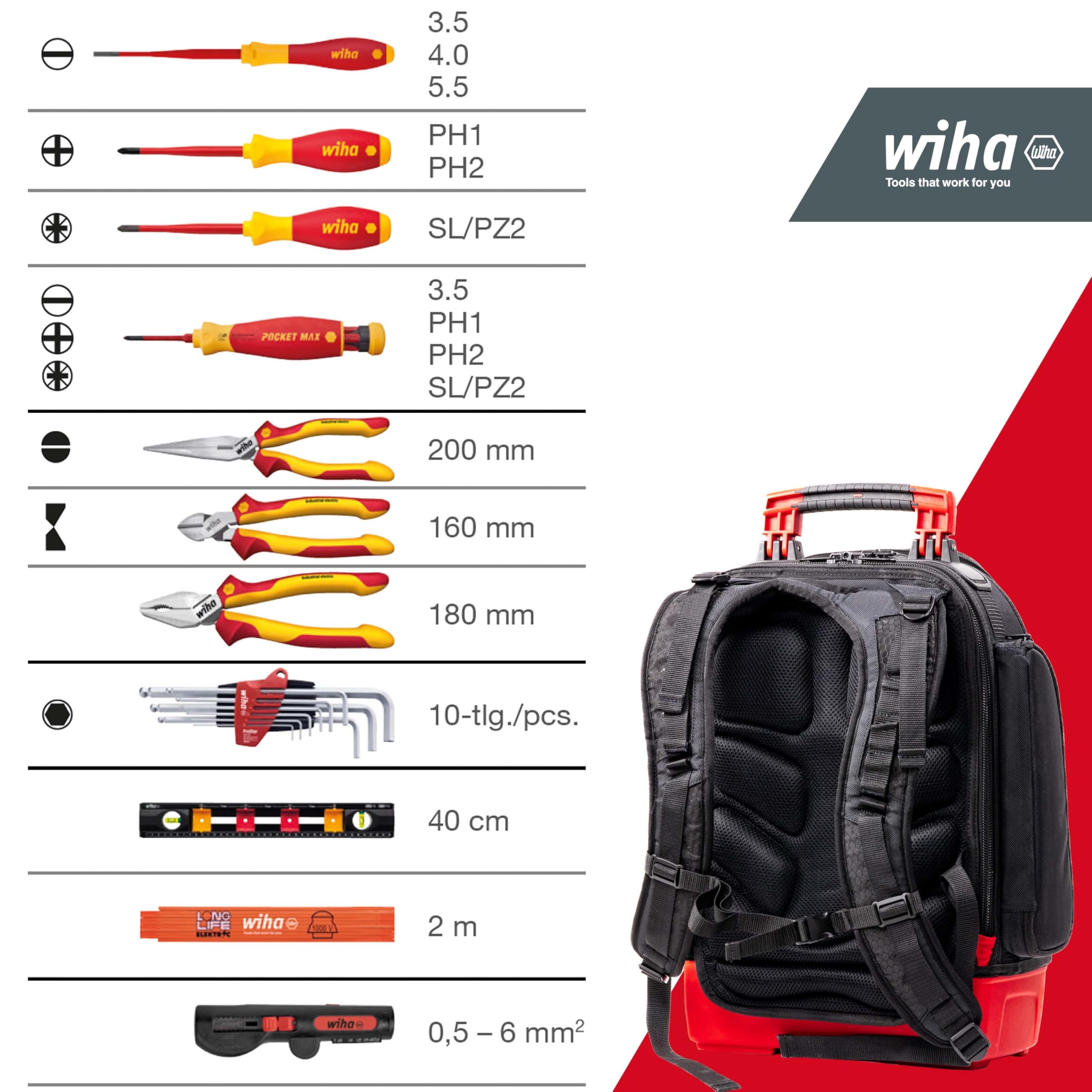 Wiha Elektriker Werkzeugrucksack 27-tlg. I mit Elektriker Grundausstattung I stabiler Standboden I mit Laptopfach I Taschen für Zubehör (45528) | (45528) Arbeitsrucksack I stabiler Standboden I mit Laptopfach I Taschen für Zubehör I Werkzeugtasche für Ele