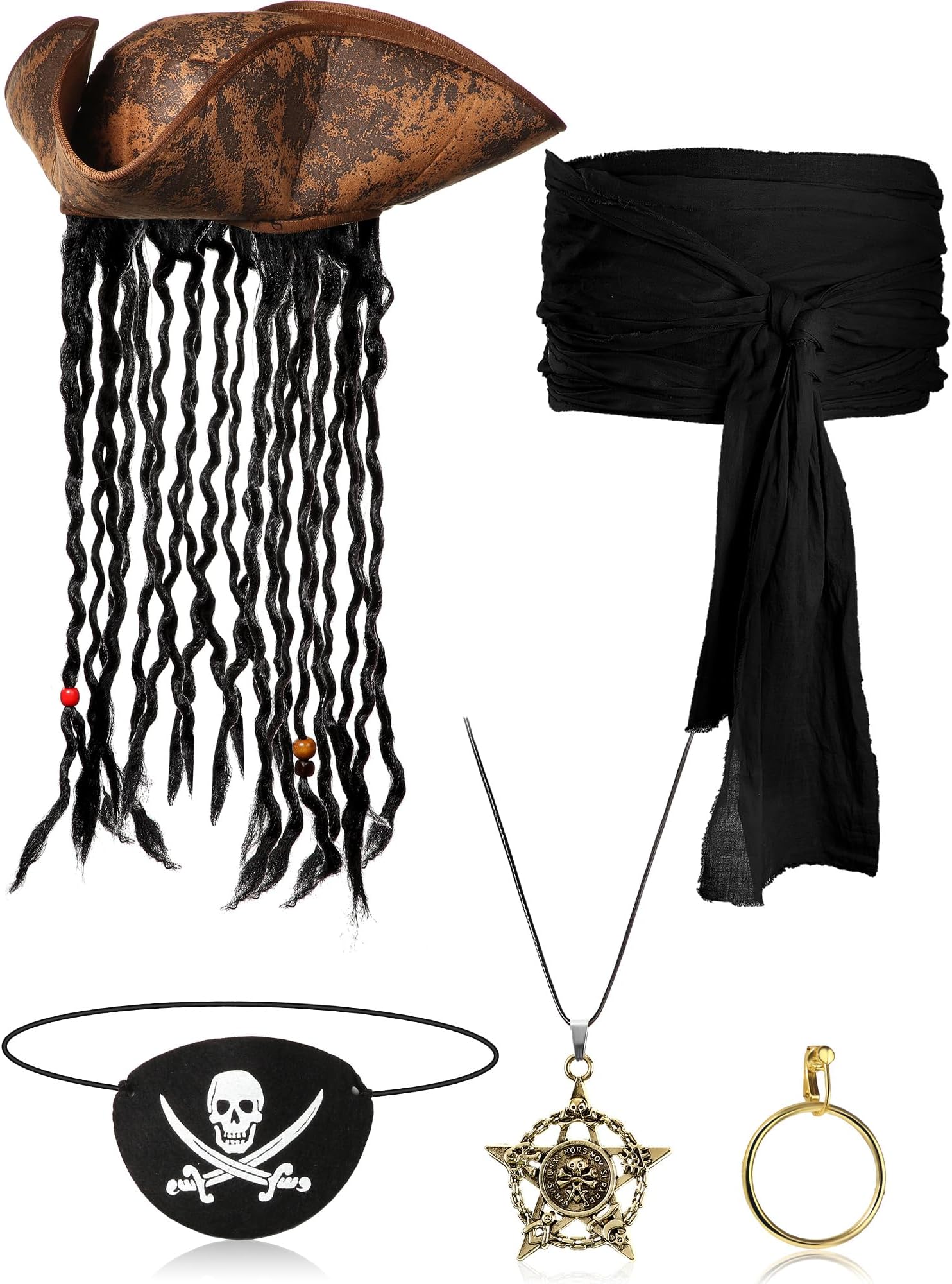 Sintege5 Pieces Halloween Pirate Costume Set, Pirate Hat with Dreadlocks Earrings Skull Necklace Eye Patch Large Sash for Men Women