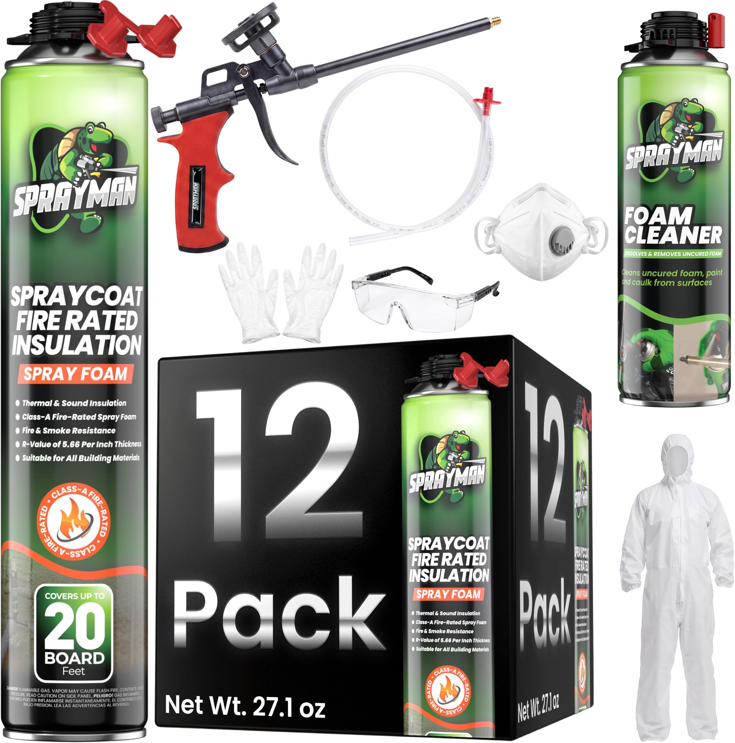 Spraycoat Fire Rated Spray Foam Insulation Kit 240 Sq.Ft - High R-Value (11.32 / 2in) Closed Cell Heat & Noise Insulation for Wall & Attic - Gun, Cleaner & Safety Gear - 27.1 oz, 12 Pack
