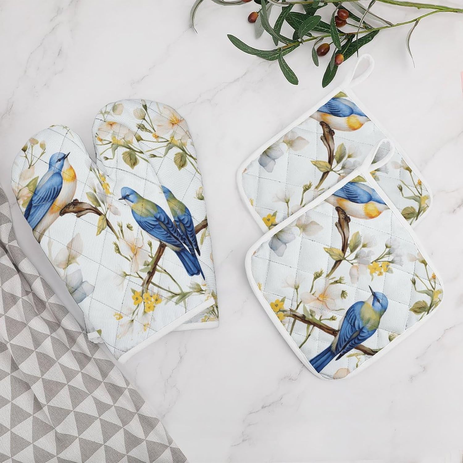 Oven Mitts Pot Holders Kitchen Watercolor Flowers and Birds Heat Resistant Oven Glove for Baking and Cooking