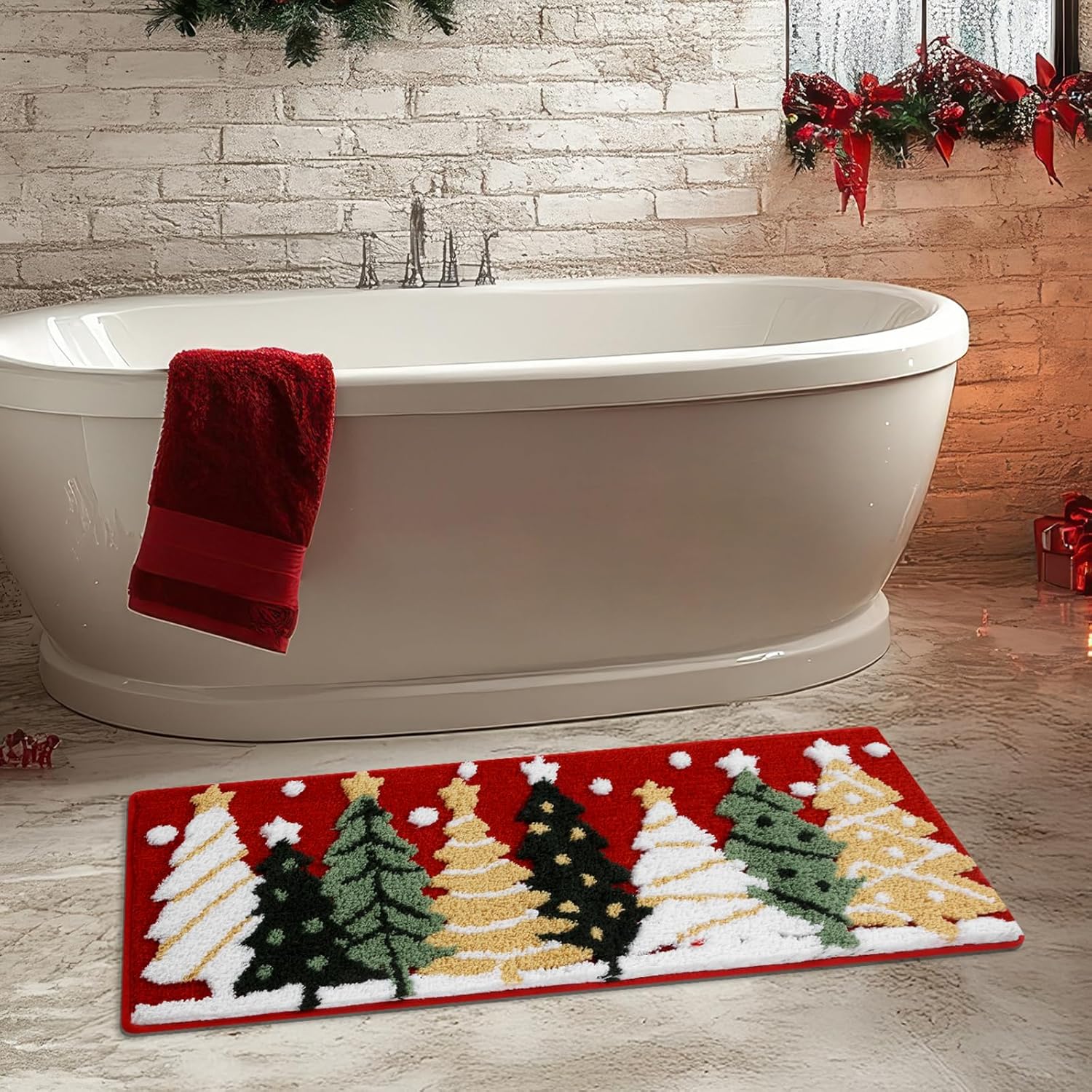 Christmas Tree Bathroom Runner Rug 18x45 Inch, Winter Soft and Absorbent Tufted Xmas Snowflake Bath Mat Non Slip Washable, Christmas Bathroom Decor Rug Red Holiday Decorations