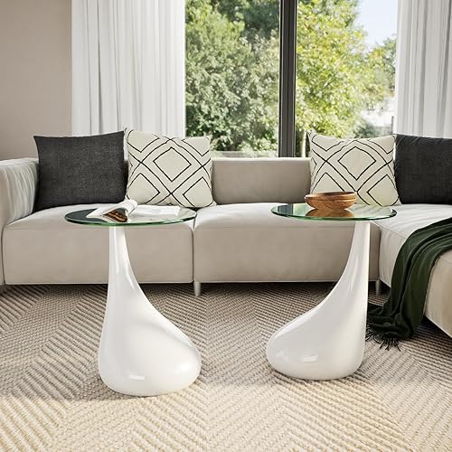 Miniatura 4 de vidaXL Juego de mesa auxiliar redonda de 2 piezas con parte superior de cristal, moderna y pequeña, mesa de centro blanca, perfecta para sala de