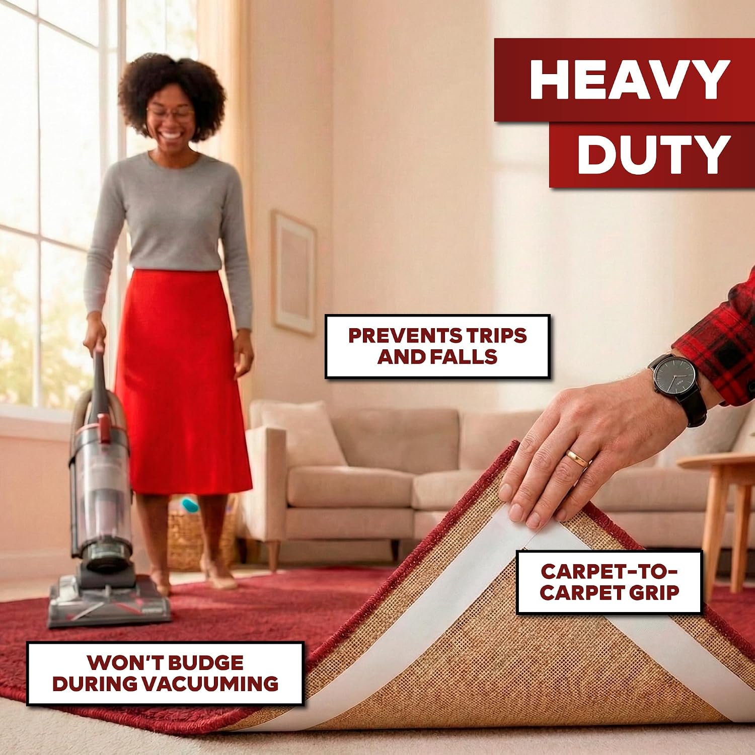 XFasten Extra Sticky Carpet Tape - 2” x 10 Yards Indoor Outdoor Rug Tape Hardwood Floor and Flooring Underlayments, Tape for Rugs to Stay in Place, Easy to Install Double Sided Rug Tape Gripper