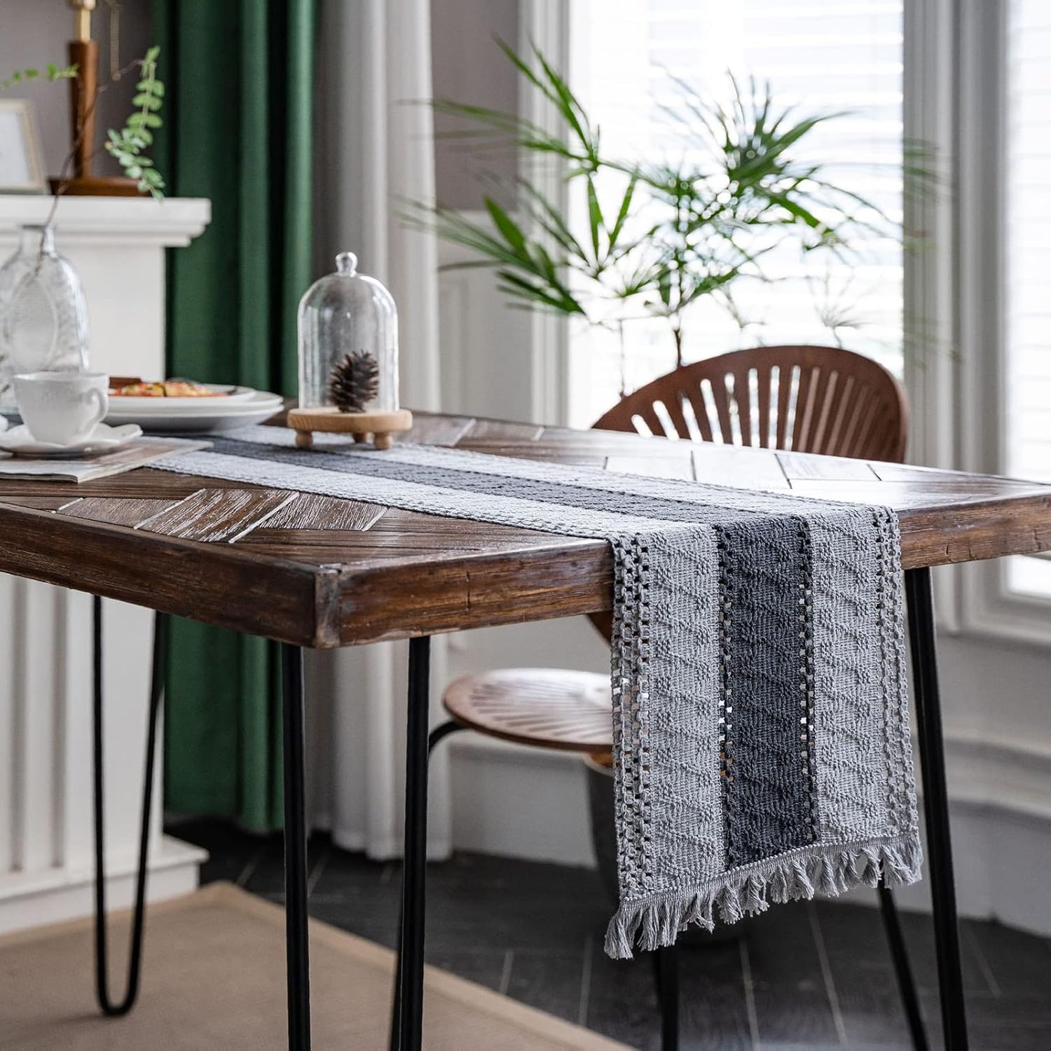 Hsvanyr Grey Farmhouse Long Macrame Table Runner Cotton Linen with Tassel Dining Tablecloths Decor 12inch by 78inch ,Braided Striped Tablecloth Overlay,Heat Resistant,Dust-Proof, Stain Resistant