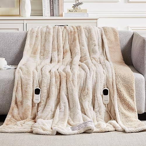 Homemate Electric Heated Blanket Queen Size - 84"x90" Heating Blanket Queen Size Dual Control 1/2/4/6/8 Hours Auto-Off 10 Heat Level Over-Heat Protection Luxury Faux Fur Sherpa ETL Certification