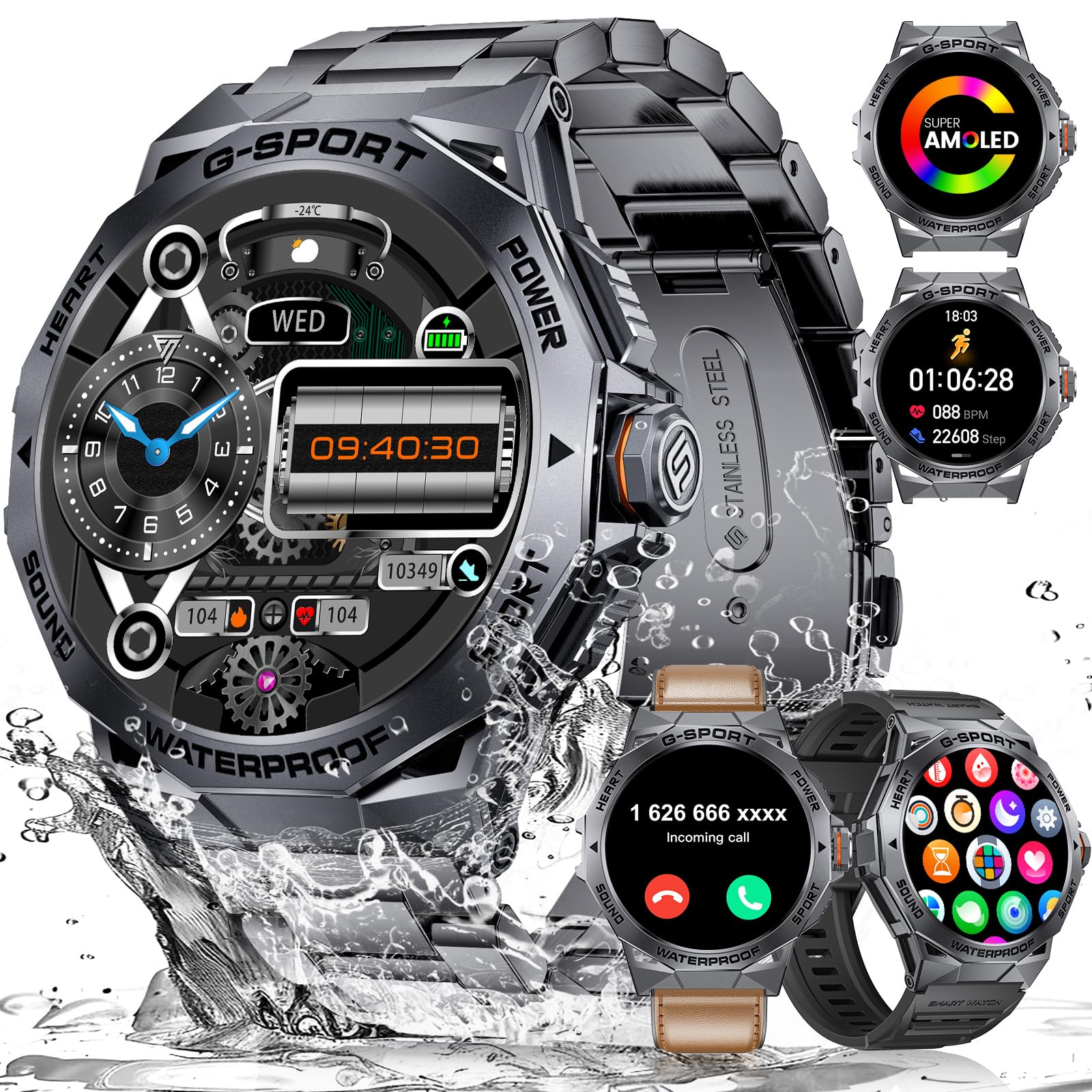 LIGE Reloj Inteligente Hombre con 3 Correas, 1,43" AMOLED Smartwatch Hombre con Llamadas, 24/7 Pulsómetro SpO2, Monitor de Sueño, 400mAh IP68 Impermeable Smartwatch Militar para Android iOS, Gris