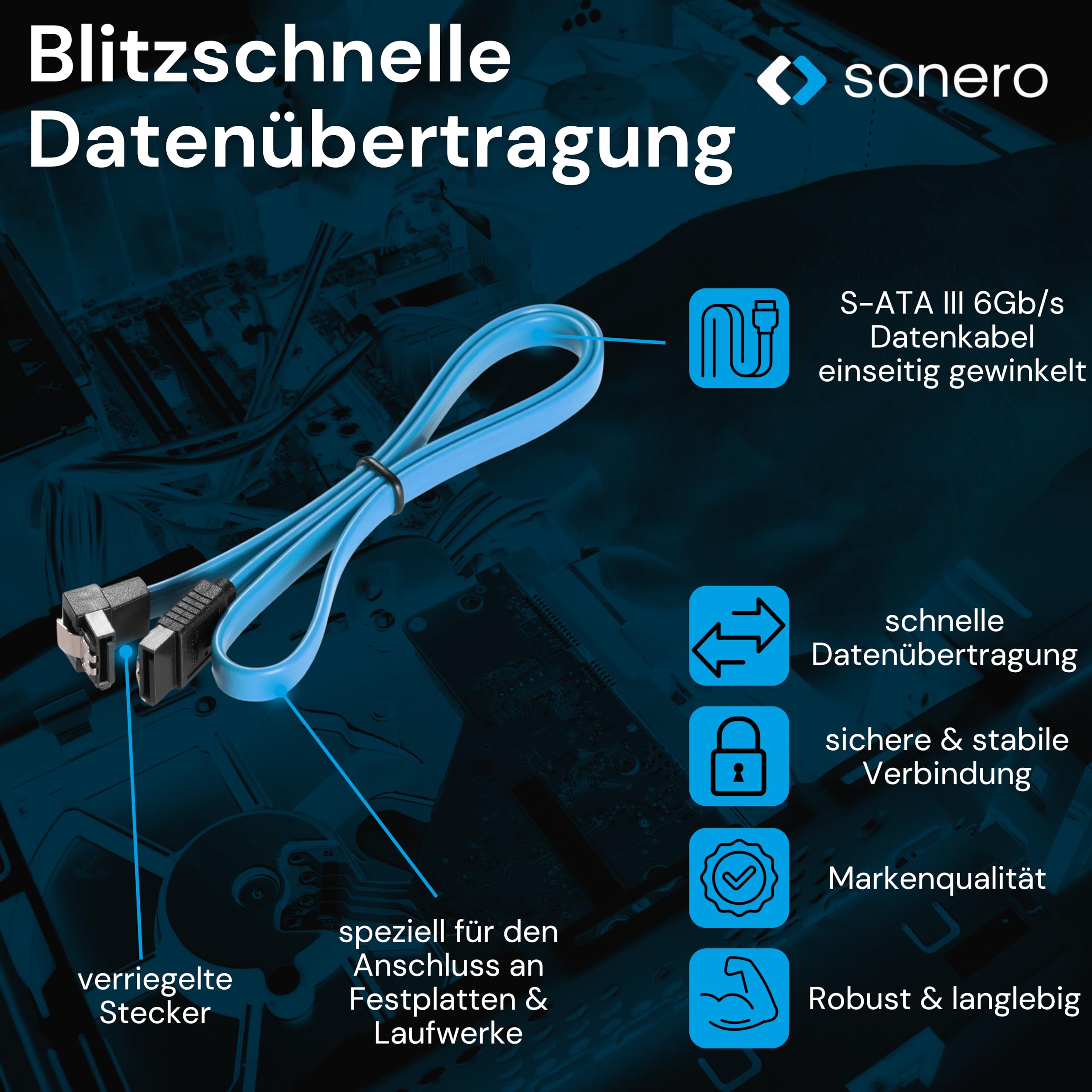 Sonero® kabel do transmisji danych SATA III 6Gb/s, 0,30 m, pod kątem, niebieski
