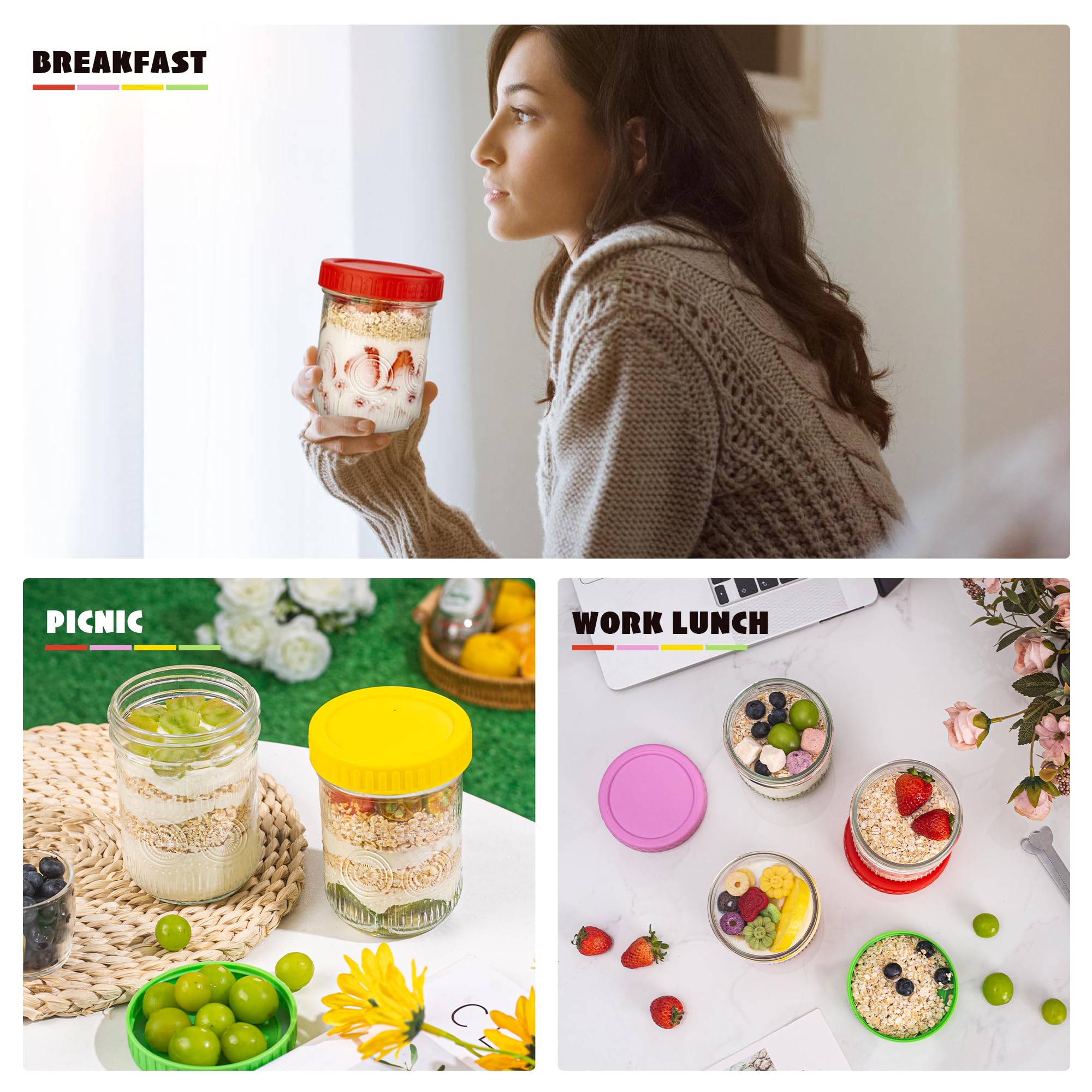 Amzcku Contenitori in vetro per avena con coperchio, 473,6 g, a bocca larga, per avena, cereali, yogurt, insalata, multicolori, confezione da 4