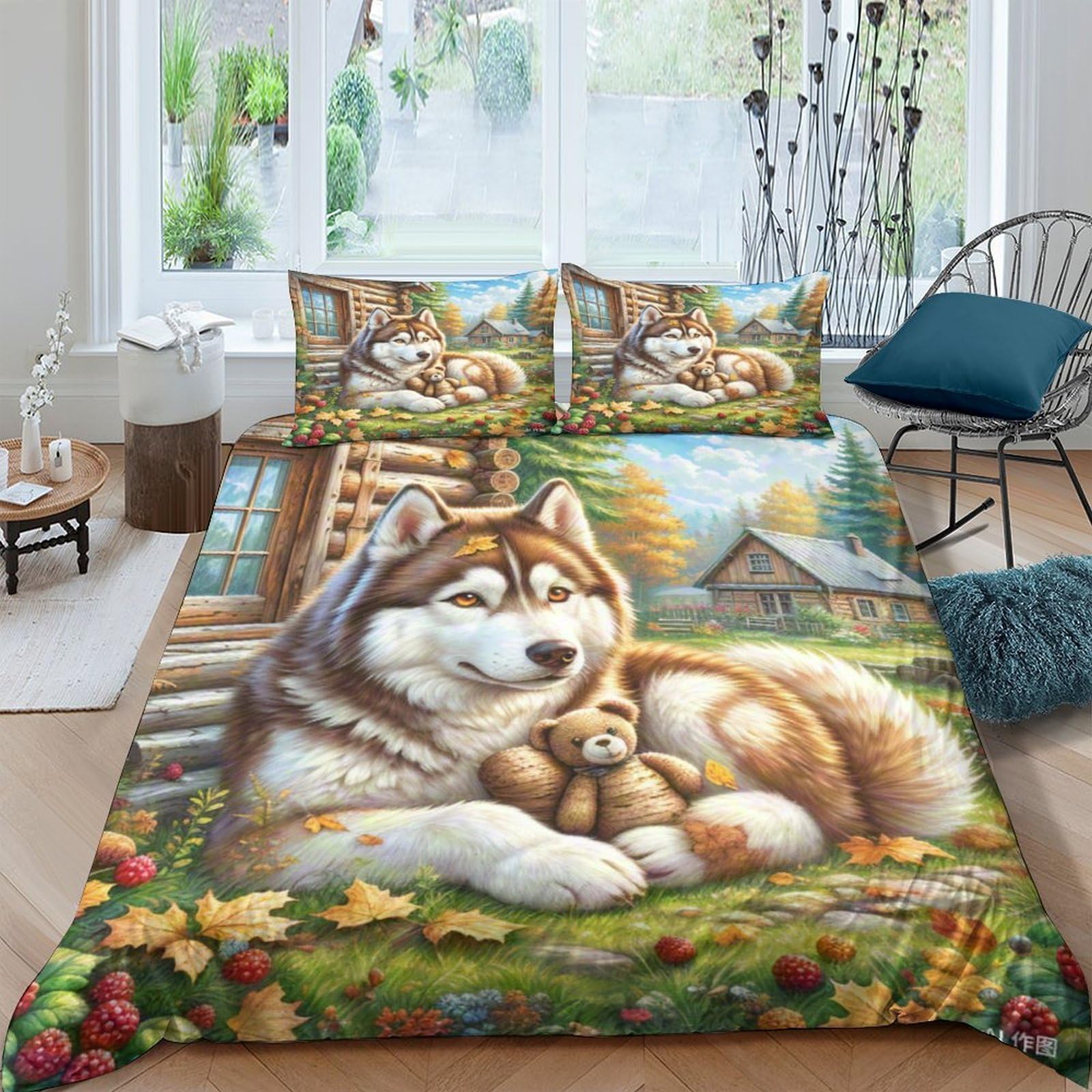 Housse de couette Husky sibérien 3D lit 220x240 parure microfibre imprimé animalier