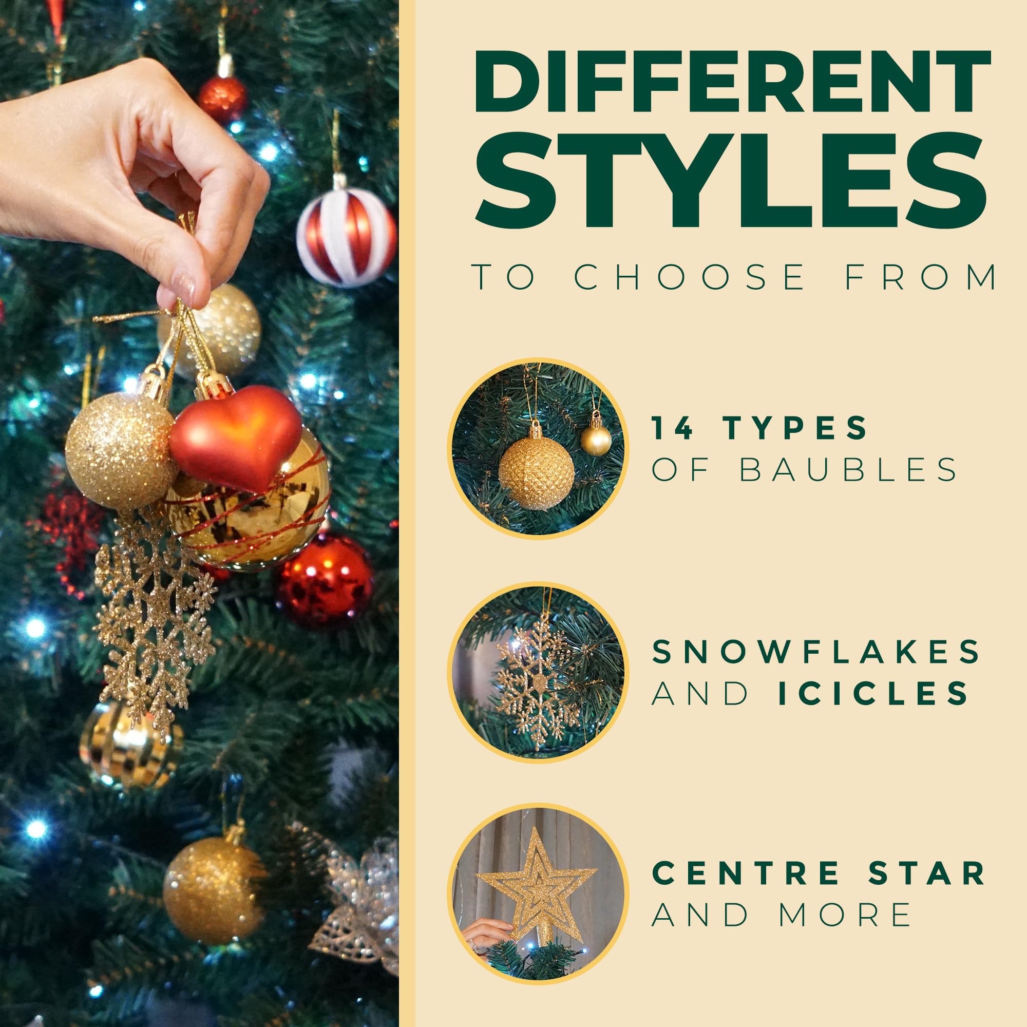 Festive Fix Set di 130 palline di Natale, decorazioni rosse e dorate con puntale per albero, fiocchi di neve, glitter, opachi e design unici, set completo di decorazioni per albero di Natale per