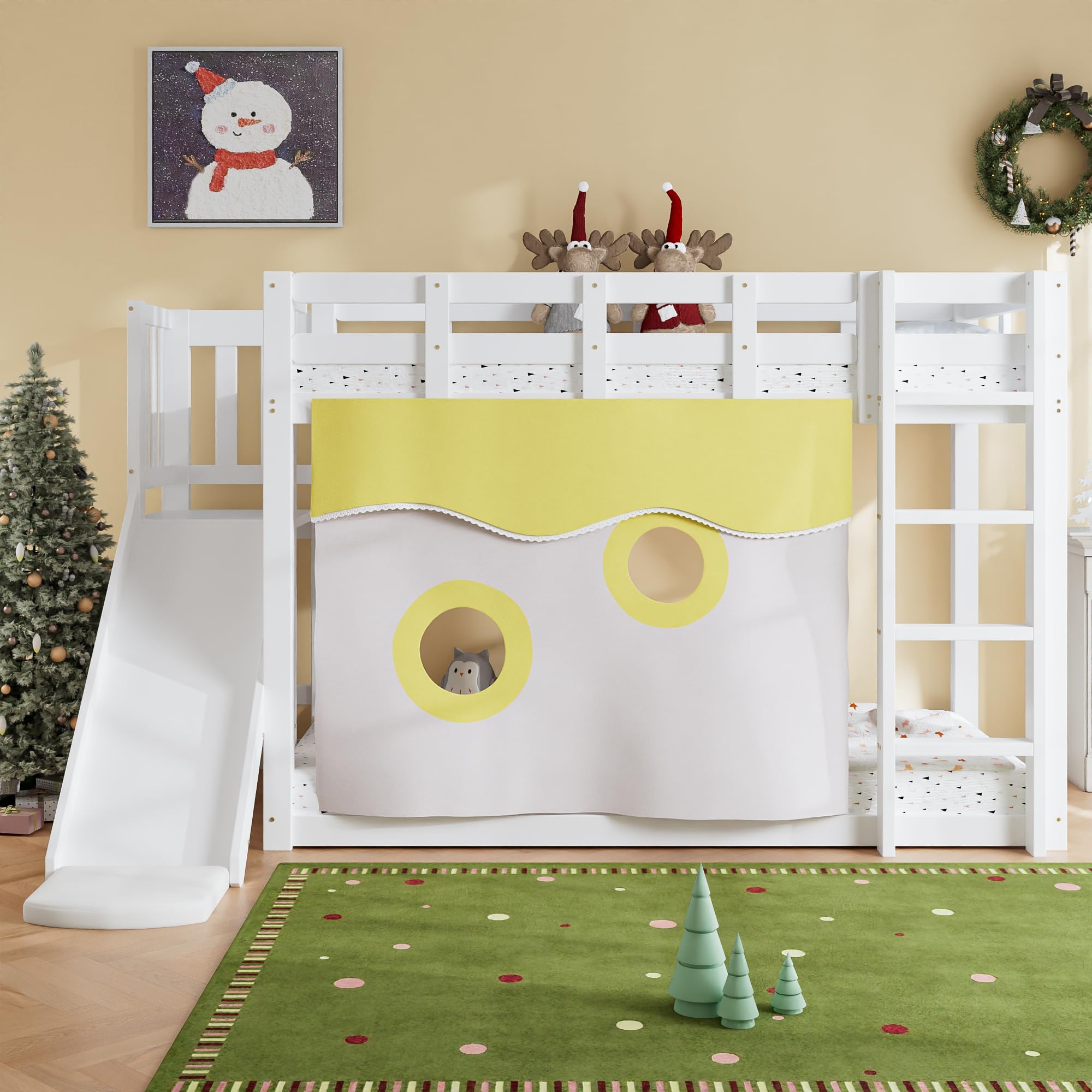 Lit pour enfant 90 x 200 cm, en bois, avec escalier et clôtures, rideau de lit, toboggan et étagère, lit superposé avec protection anti-chute et grille, cadre en pin blanc, 30598901
