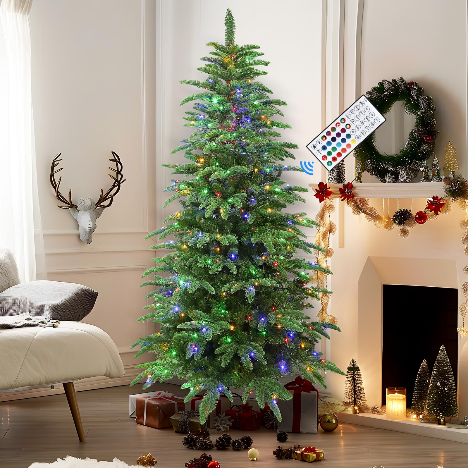 7ft Prelit Artificial Hinged Upgraded Christmas Tree with Remote, 430 Pre-Lit Multi-Color RGB Lights and 1171 PE & PVC Branch Tips, Perfect Choice for Xmas Decoration, 7 FT