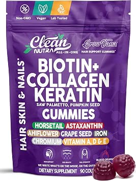 Biotin Gummies for Hair Growth, Hair Vitamins for Women with Collagen Keratin Zinc Saw Palmetto Horsetail Astaxanthin Pumpkin Seed MSM Grape Seed Iron Vitamins A D E, GrowVana by Clean Nutra 90 Count