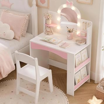 Xilingol Kids Vanity Table and Stool Set,Princess Makeup Vanity Table,Children Study Desk with 2-Color Lights Mirror,Bookshelf& Storage Shelves,Pretend Play Dressing Table Set for Little Girl,White