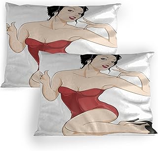 Ambesonne Pin up Girl Pillow Sham Set of 2, Pale Skin Posing Brunette Lady in Strapless Bathing Suits, Quality Microfiber Bedding Item for All Seasons, 36