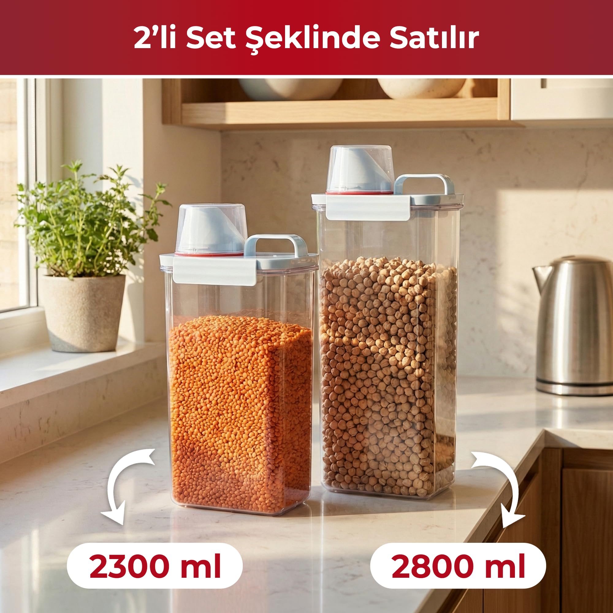 Pikas 2'li Büyük Boy Saklama Kabı – Ölçekli Kapak, Sızdırmaz Erzak Bakliyat ve Deterjan İçin Çok Amaçlı Set (2300-2800 ml)