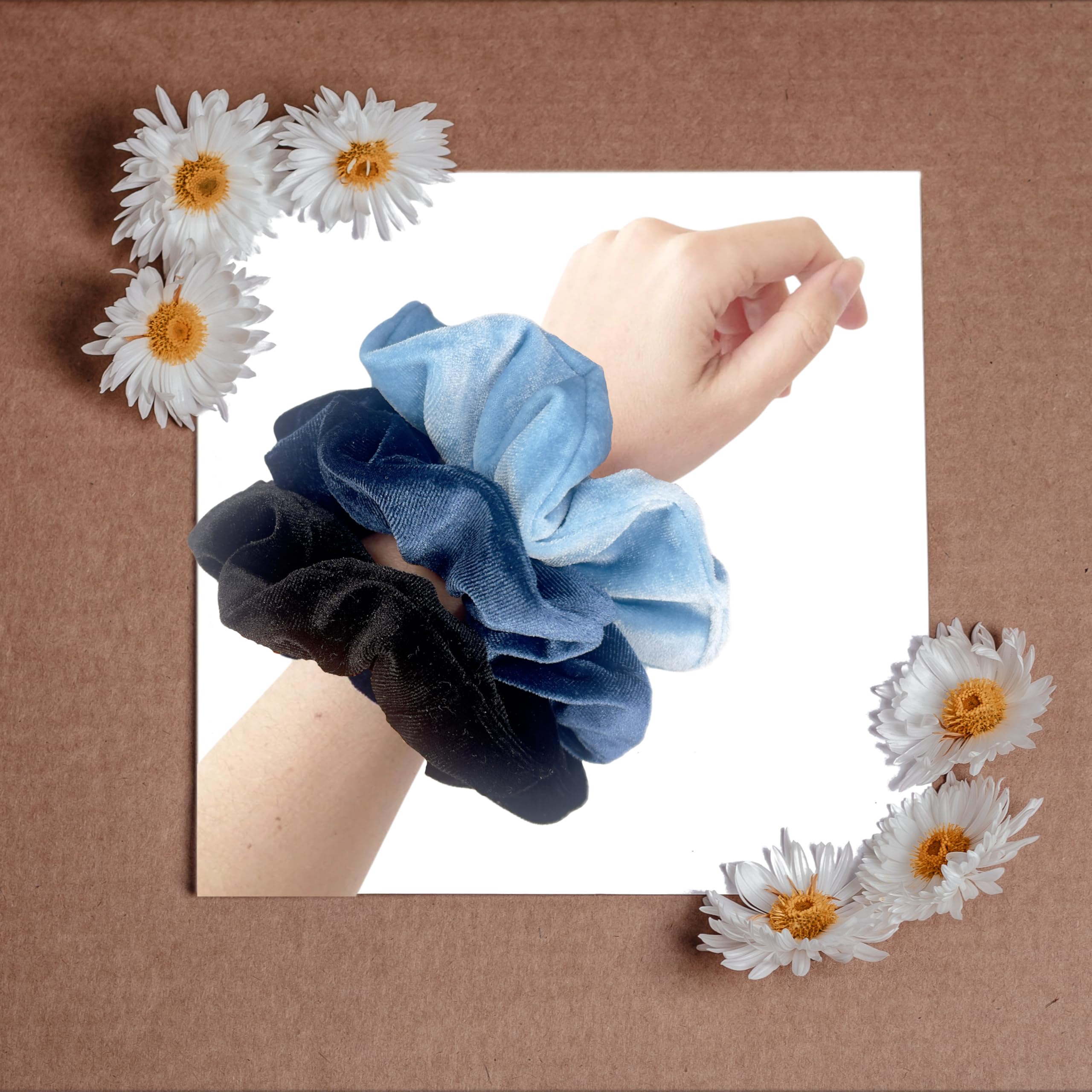 ALYNEL: Pack of 3 Premium Velvet Hair Scrunchies - Soft, Elegant and Sturdy - Ideal for All Hair Types (Sky & Night) - Image 4