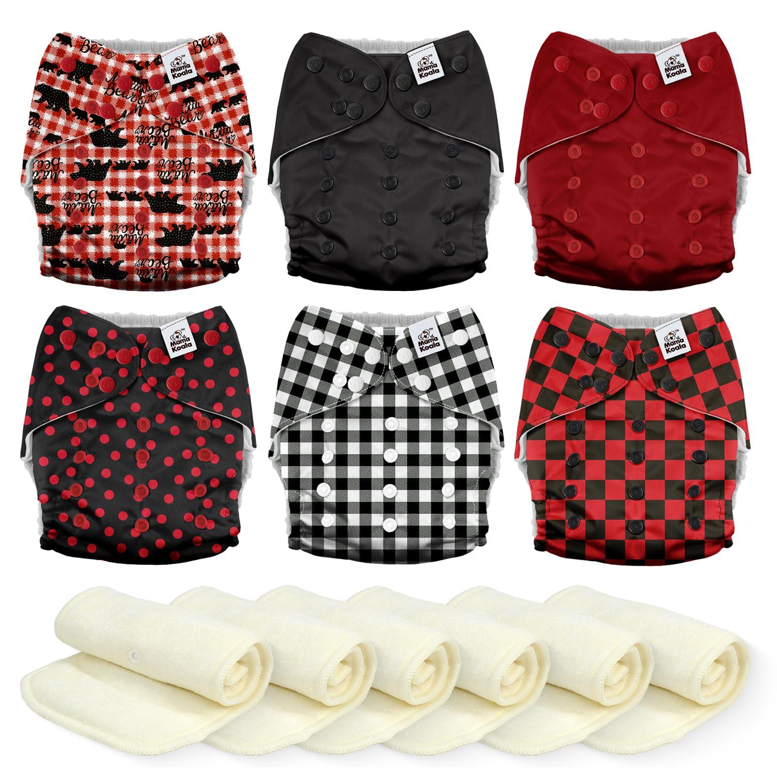 Mama Koala 6 Pack Reusable Cloth Diapers 3.0 for Babies Girls Newborn, One-Size Adjustable Baby Diaper, Durable Stitching, Back Opening for Inserts, Breathable Awj Lining, Leak Prevention-Black &amp; Red