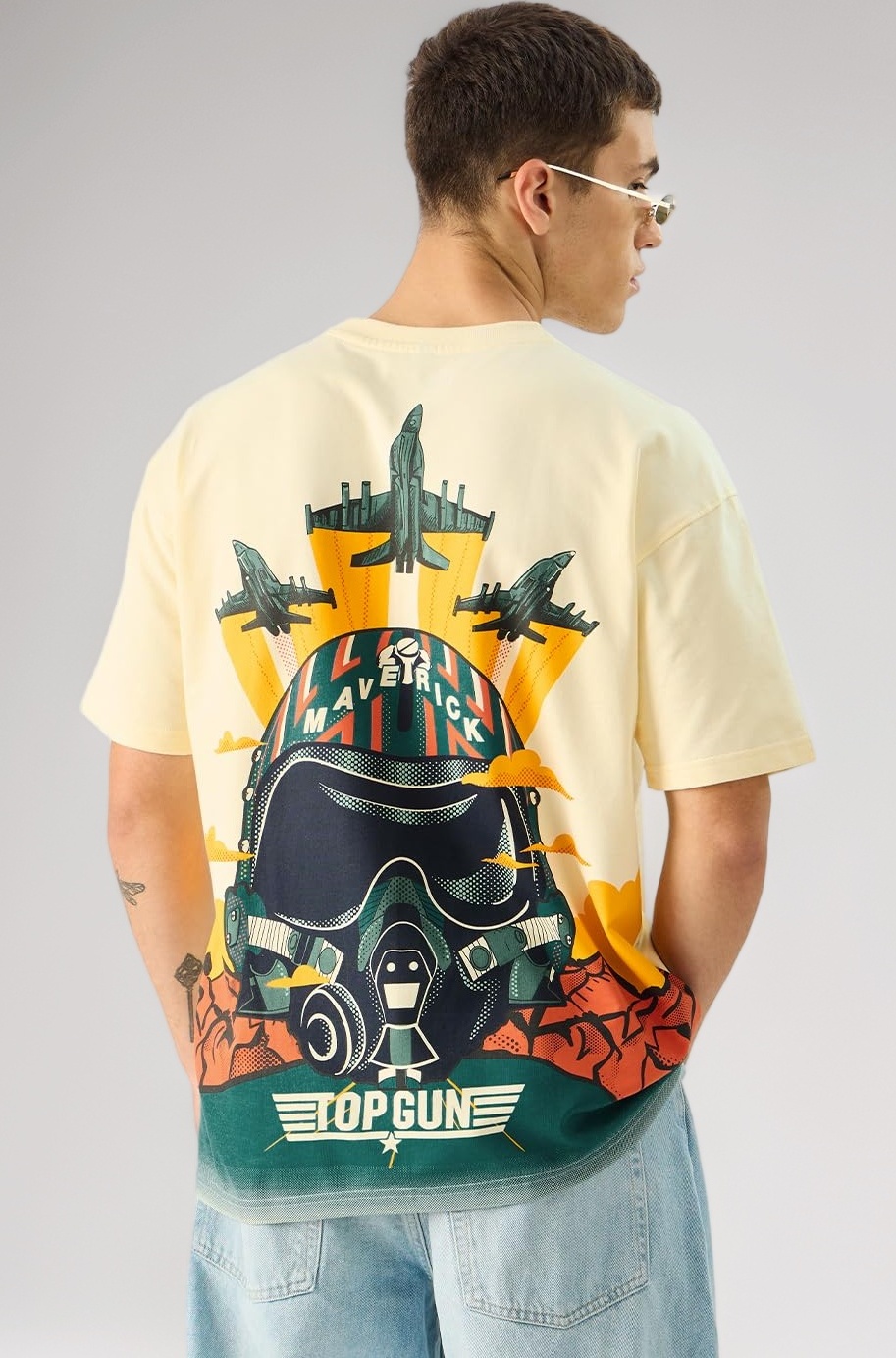 Official Top Gun: Jets Men and Boys Short Sleeve Round Neck Off White Graphic Printed Cotton Oversized T-Shirts