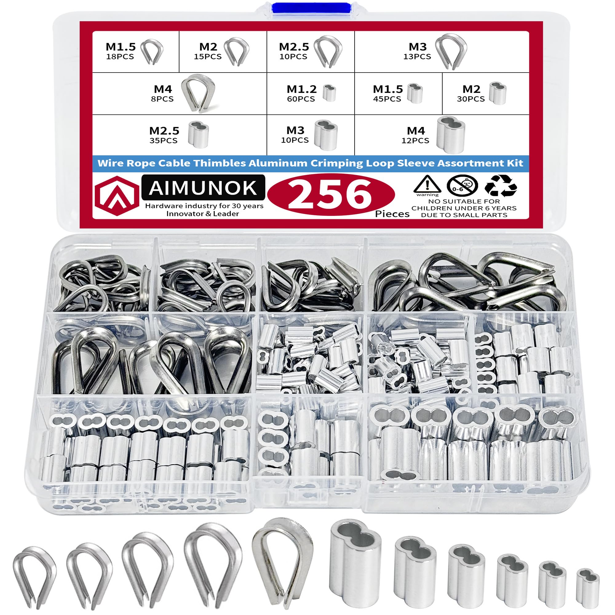 AIMUNOK 256Pcs 304 Stainless Steel Wire Rope Cable Thimbles Combo and Aluminum Crimping Loop Sleeve Assortment Kit for Wire Rope Cable Thimbles Rigging