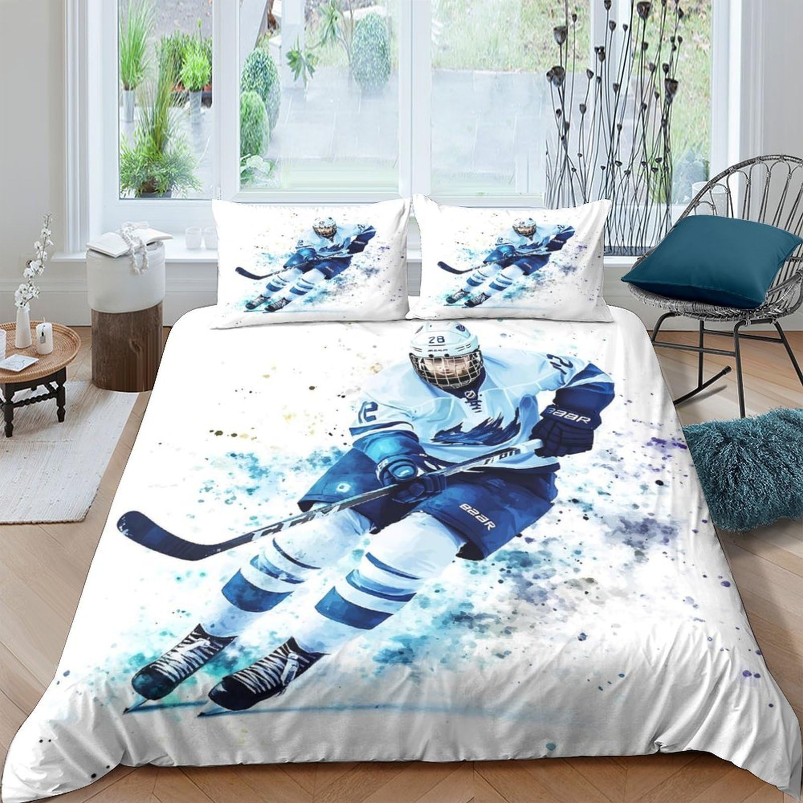 Ctjqhvkz Style-5 3D Printed Ice Hockey Player Fitted Sheet Microfiber Soft Blue Sports Mattress Cover Bedroom Decor Single（135X200cm）