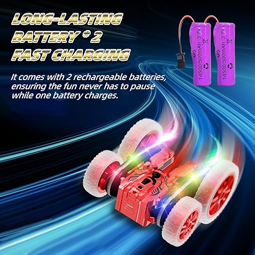 Miniatura 6 de Coche de control remoto, 360 giratorio 4WD RC Cars con spray frío, 2.4Ghz doble cara RC Stunt Truck con luces frías, auto de deriva para niños,