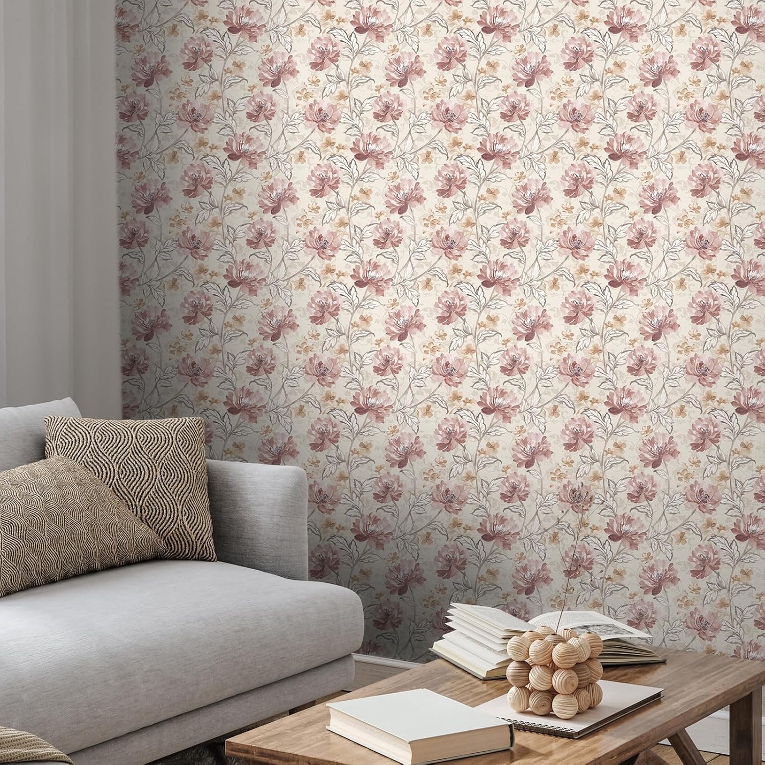 Beige Pink Floral Wallpaper Peel and Stick Boho Farmhosue Elegant Watercolor Flower Wallpaper Removable Floral Branches Contact Paper for Bedroom Girls Room 12"x118" Botanical Wall Paper