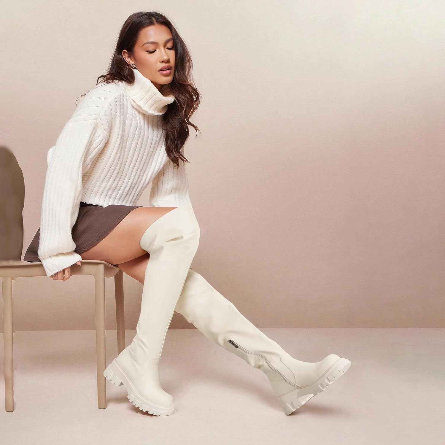 Black Thigh High Boots For Women Platform Slouch Over The Knee Fall Boots Lug Sole Low Chunky Heel Curve-friendly - Image 2