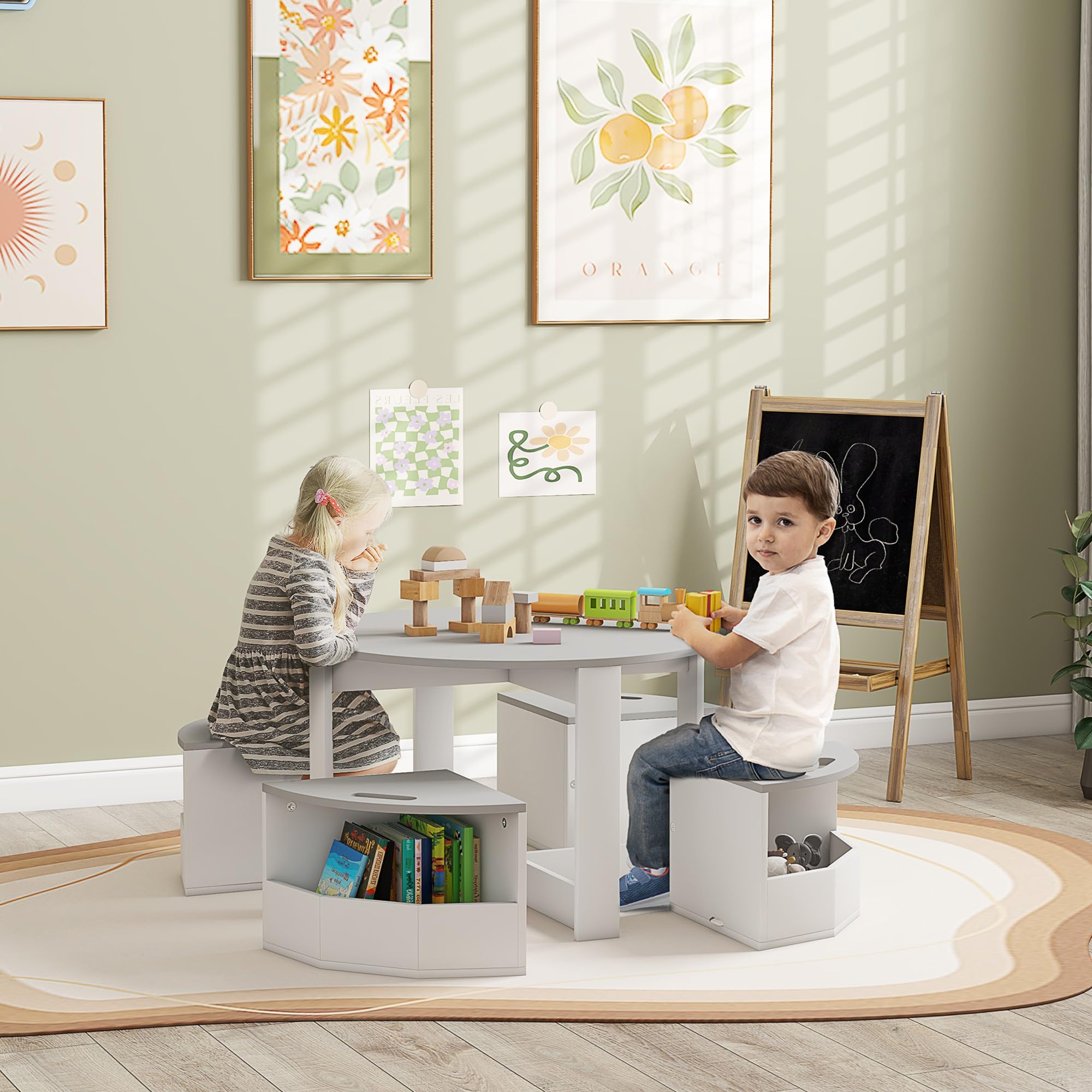 AIYAPLAY Juego Mesa y sillas con Almacenamiento niños, 3-8 años, Gris | Juego de mesa y sillas para niños de cinco piezas, actividad infantil