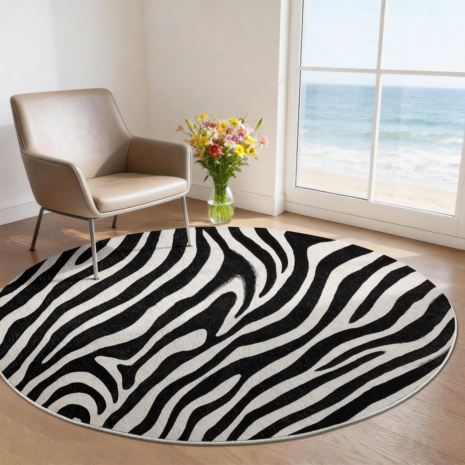 Tapis ronds 90 cm imprimé zèbre noir et blanc lavable et antidérapant