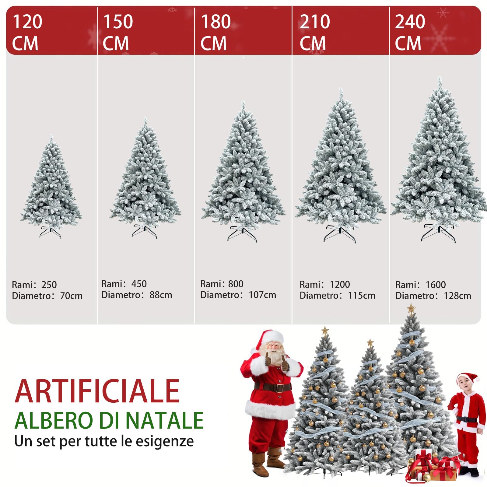 LEIVESTE-Albero di Natale Artificiale 150 Verde Innevato Super Folto,Base a Croce in Ferro Pieghevole Effetto Realistico Con Neve, rami con apertura ad ombrello. (150 CM)