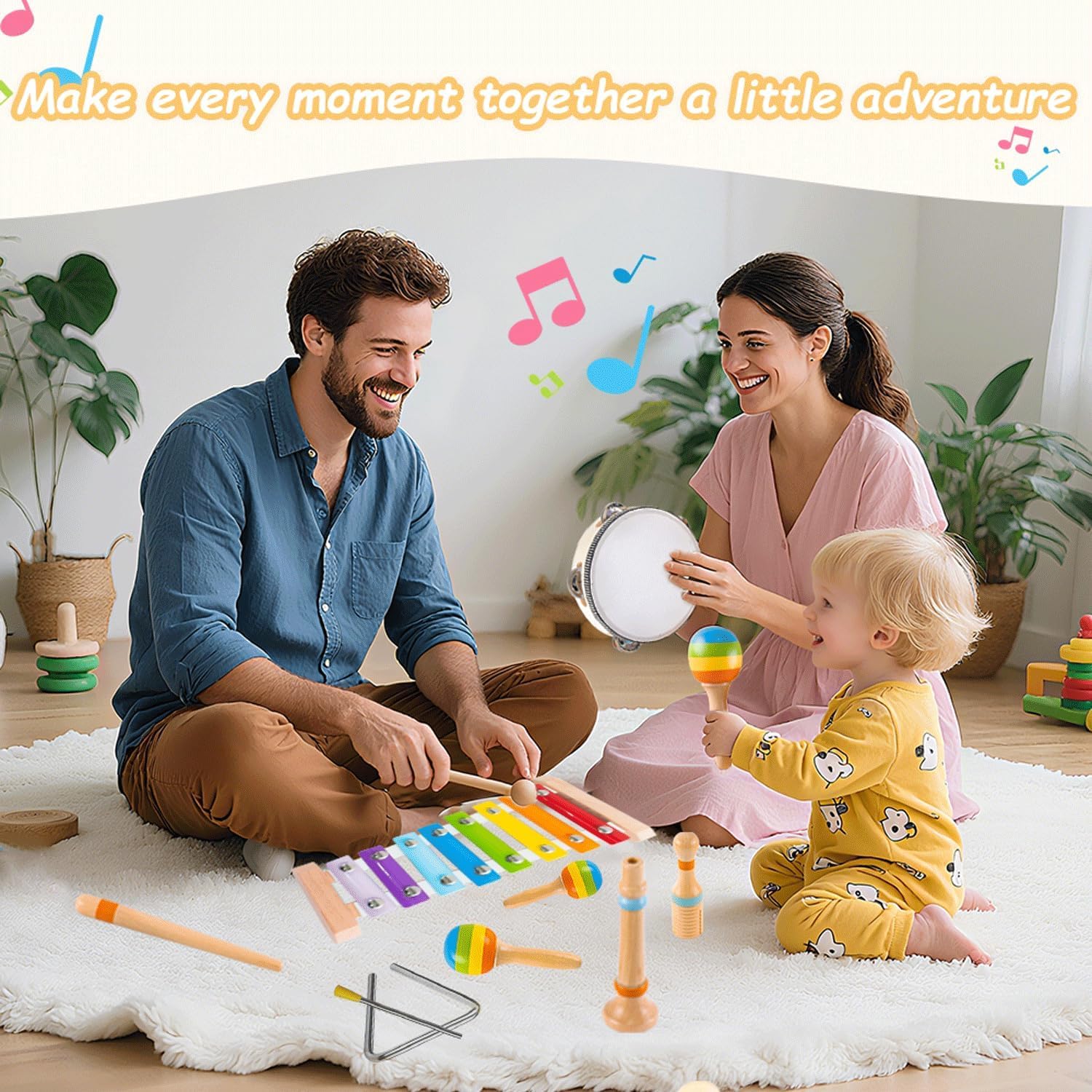 Montessori Musikinstrumente aus Holz für Kleinkinder, pädagogisches Schlagzeug für Babys mit Xylophon und Maracas und mehr, Musikspielzeug für Vorschulkinder