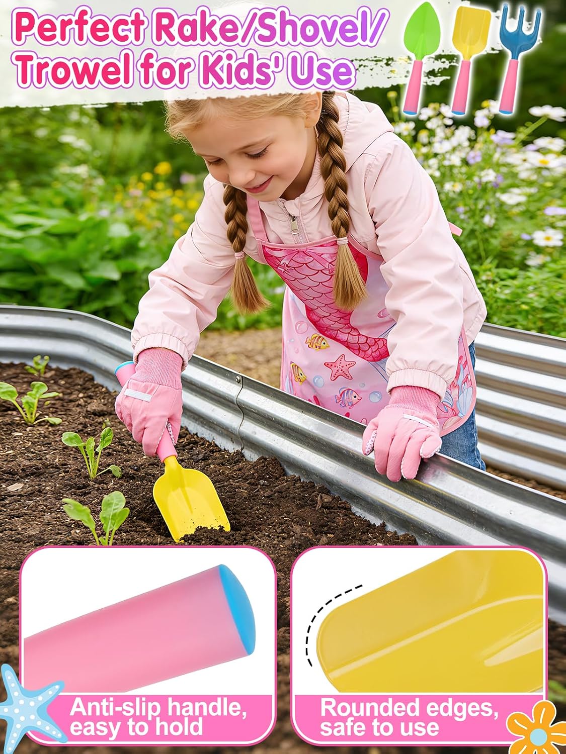 Kids Gardening Tool Set - Garden Tools for Kids with Shovel Trowel Rake Apron Gloves Watering Can and Tote Bag, Outdoor Toys Great Gifts for 3 4 5 6 7 8+ Years Old Girls (Downward Mermaid Tail) image 4