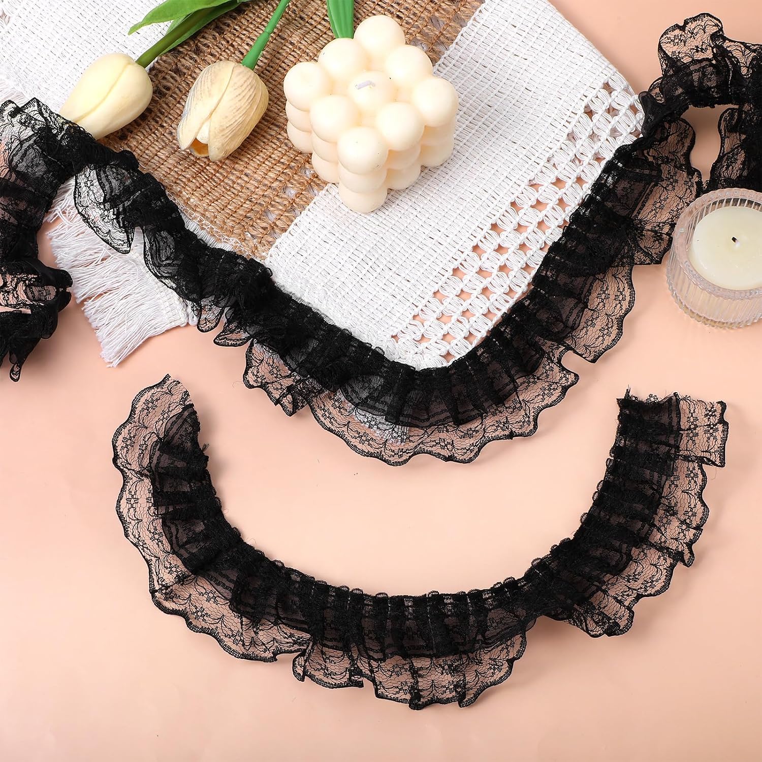 Yuanchu 5 Yards Black Lace Ruffle Trim for Crafts, Layer Pleated Net Lace Edge Embroidered Sewing Ribbon, 1-5/8 Inch Wide for Wedding Bridal Dress Present Wrapping Decoration(Black)