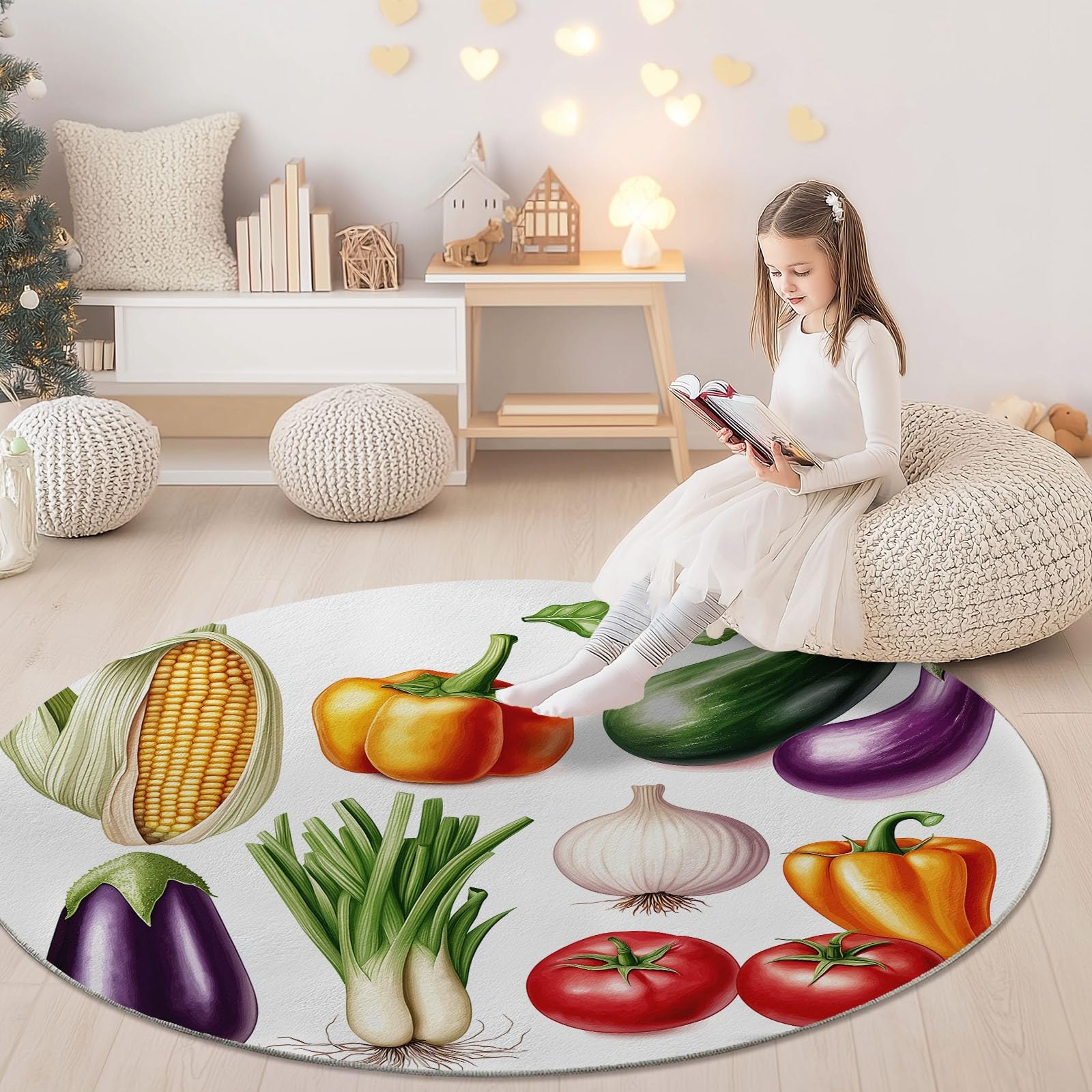 Tappeto rotondo da 245 cm, con stampa di elementi vegetali colorati e colorati, moderno, antiscivolo, in flanella, lavabile, morbido, per cameretta dei bambini, sala giochi, camera da letto